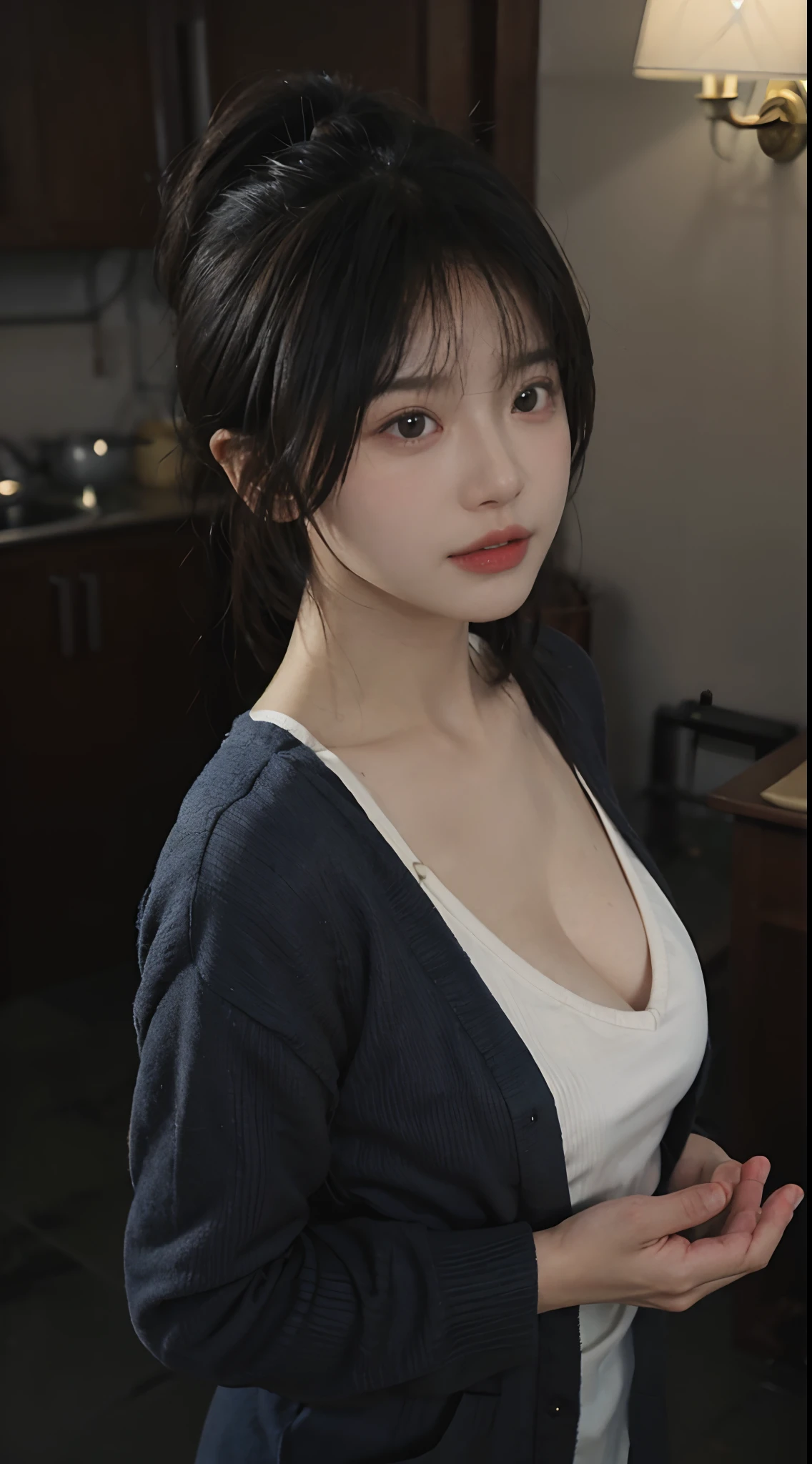 best qualtiy,tmasterpiece,超高分辨率,(realisticlying:1.4),1girll,A pair of bright eyes,Raised sexy,Full of atmosphere,Hands behind your back,Being in the room,Cleavage is seductive,,(brassier:1.6),(比基尼:1.4),(Bigchest:1.8),(The upper part of the body:1.4)