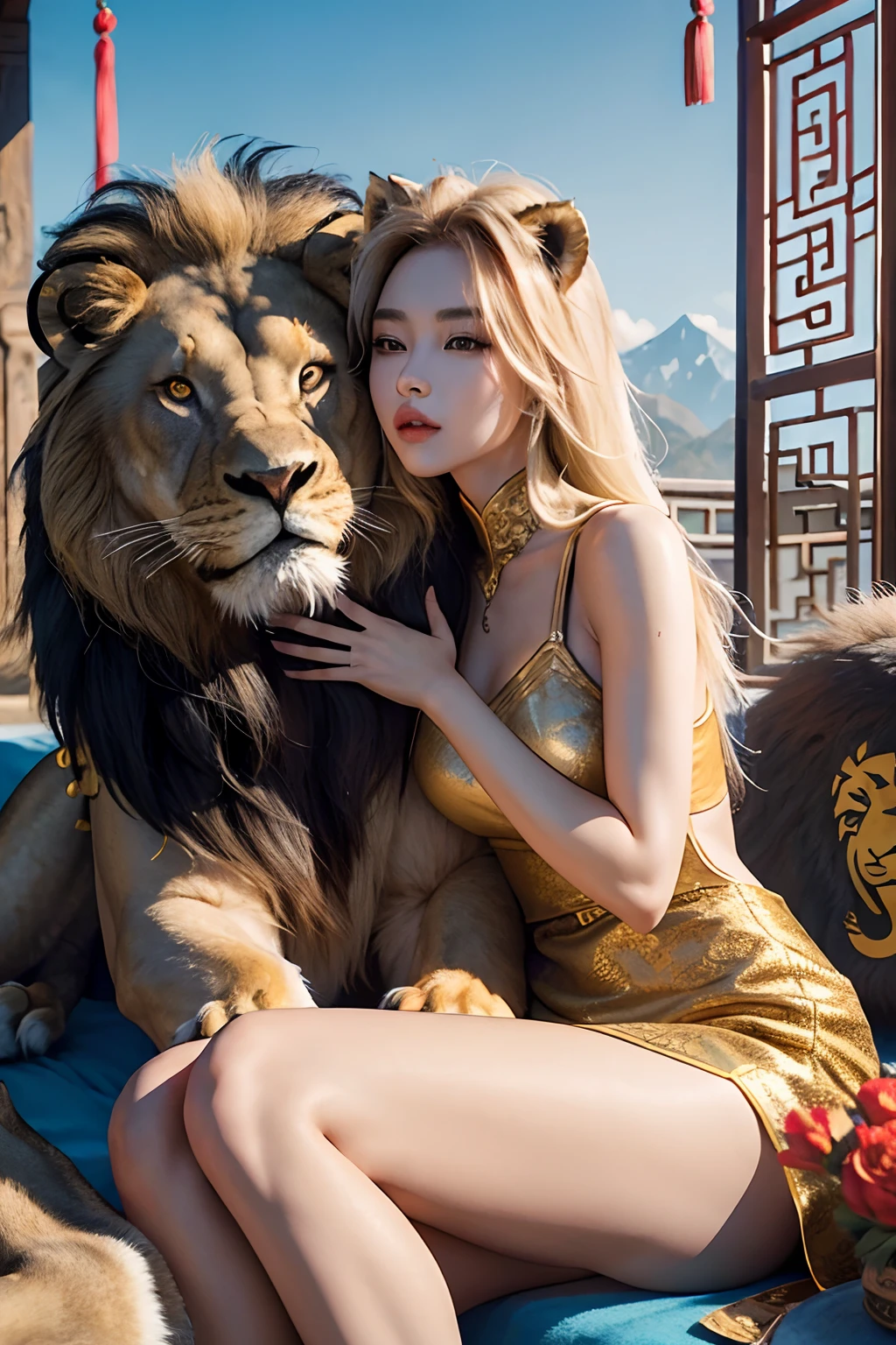 masterpiece, best quality, making friends with the Chinese lion, fun, happy, bright, loong,sexzy, realstic