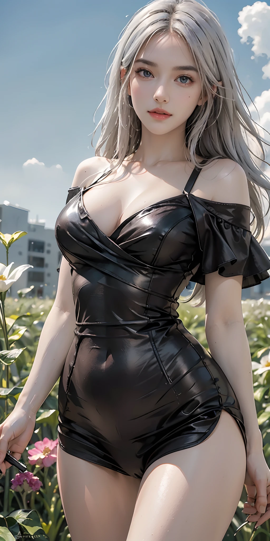 (hyperrealistic), (illustration), (high resolution), (8K), (extremely detailed), (best illustration), (beautiful detailed eyes), (best quality), (ultra-detailed), (masterpiece), (wallpaper), (detailed face), solo, (dynamic pose), 1girl, black dress, off-the-shoulder, blooming flower field, glowing skin, light smile, camel toe, (no panties), (no bra), half, white hair