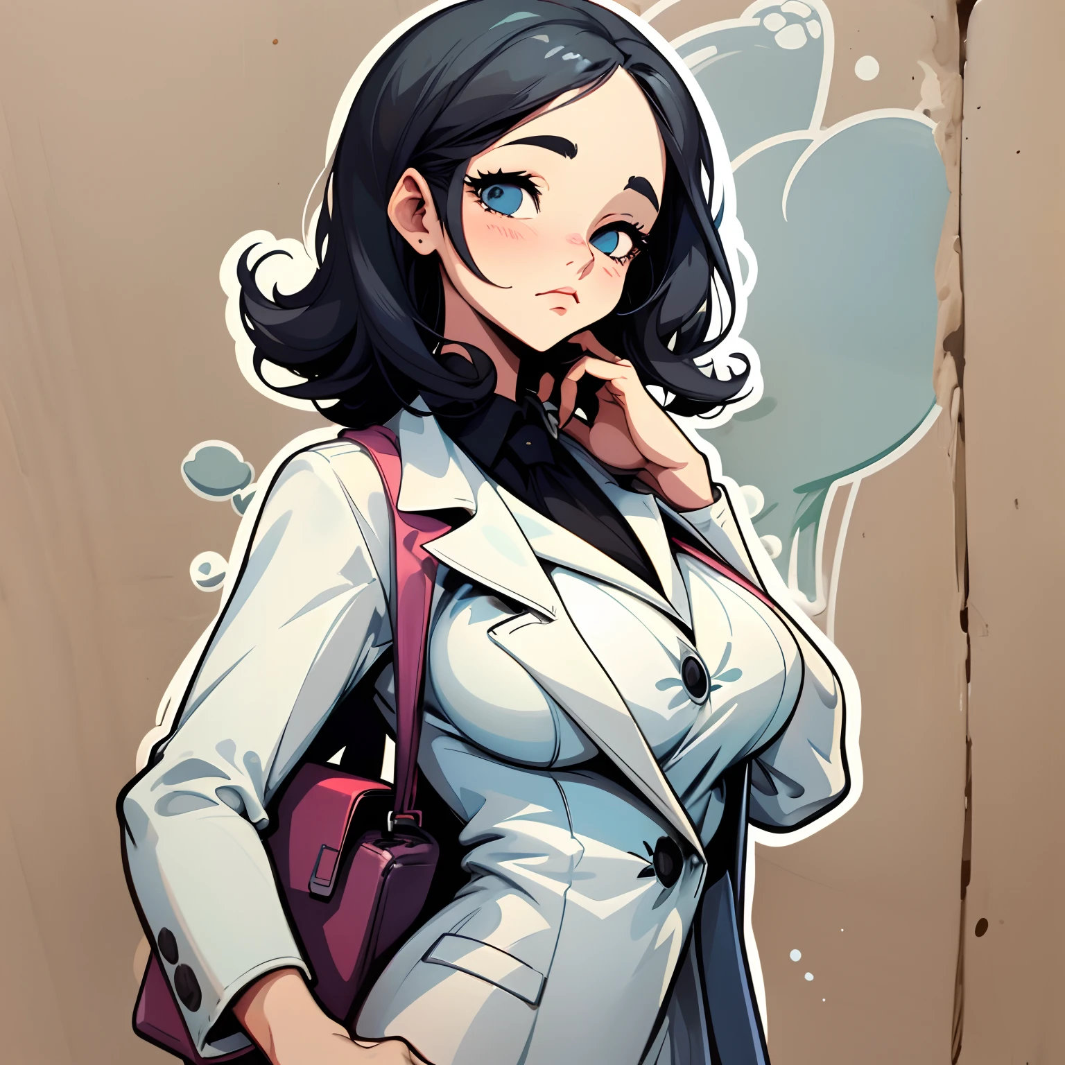 1sticker，Handbook，（a sticker，1 beautiful women，mature，mother with big breasts，A half body，Bag header，Black color hair，Show forehead，white suit jacket，）， white backgrounid， simple backgound，  small， pastel colour， vectorstyle， no gradien