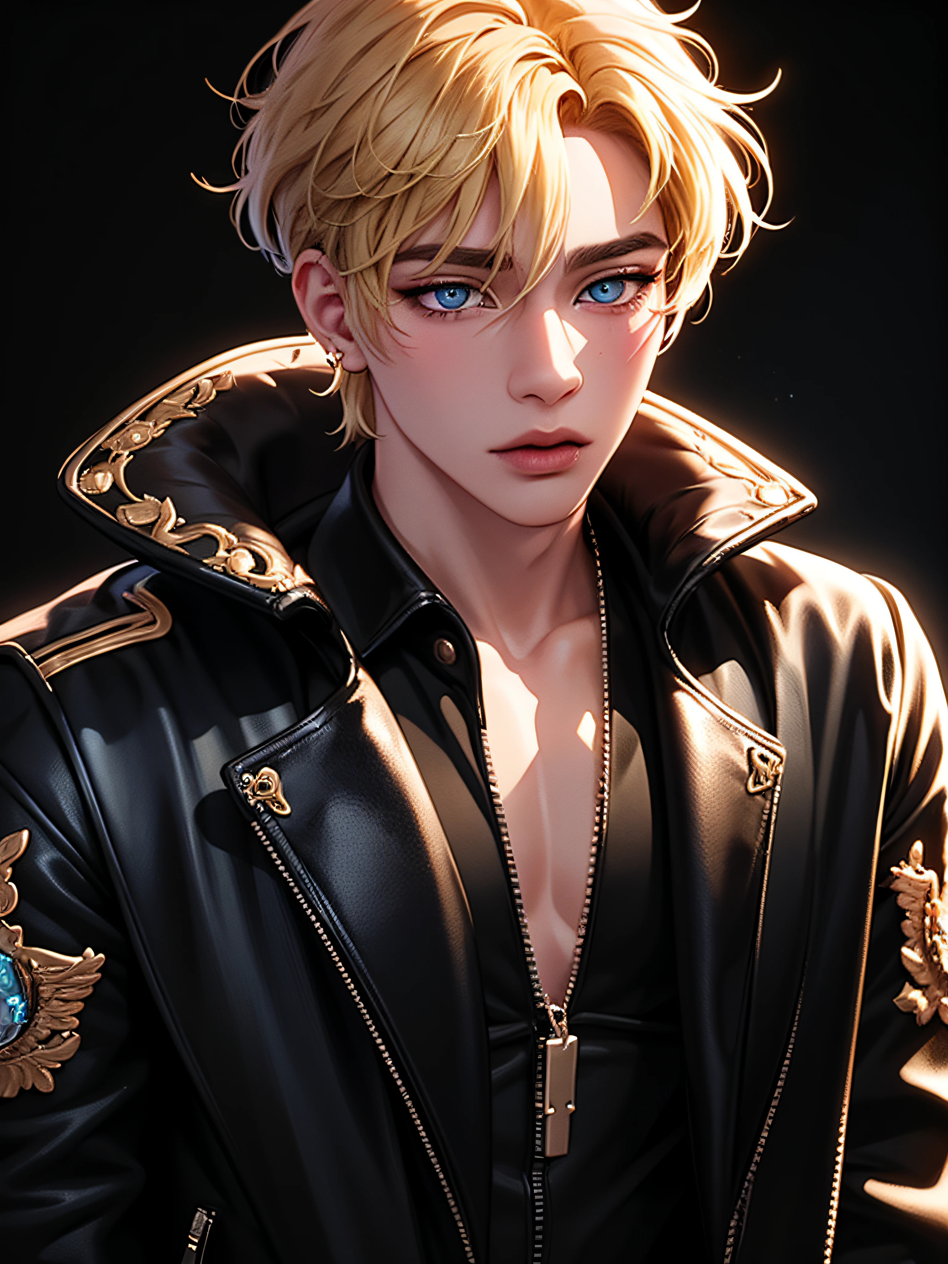 Male idol ((singer)), blonde hair, wearing a gothic style tattered cropped jacket, leather holographic pants, blue eyes, 1boy, microphone, digital illustration, approaching perfection, dynamic, highly detailed textures, 8k resolution, watercolor painting, artstation, concept art, smooth, art by wlop and ross tran, stage lights background, red and gold tetradic colors