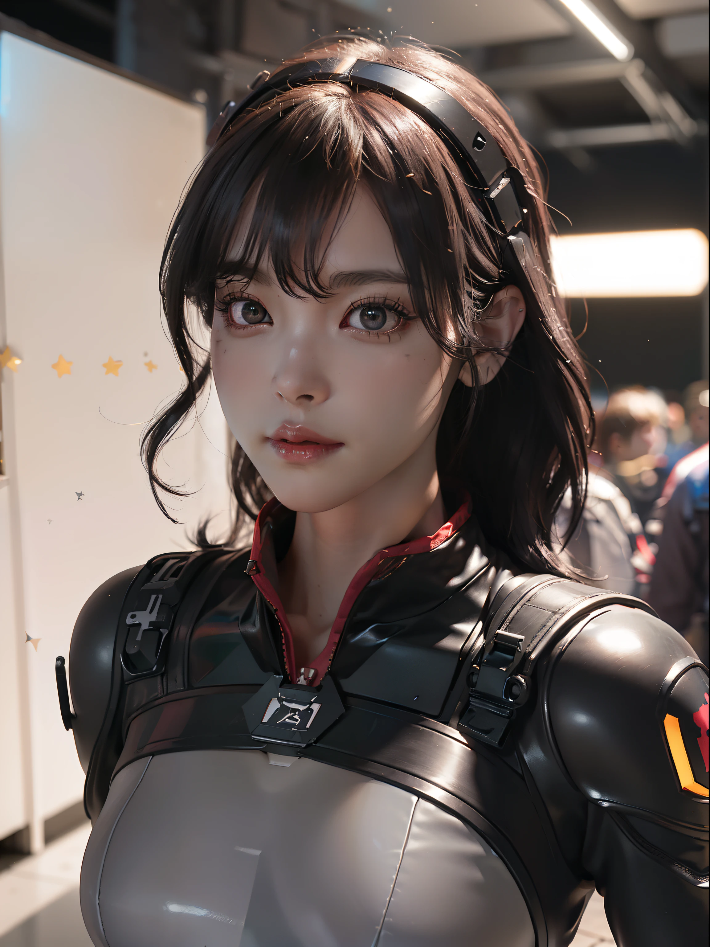 ((Best quality)), ((Masterpiece)), (Detailed: 1.4), (Absurd), furious princess, ((actionpose)), (((woman with all-black graphite-colored skin)))), ((black masked,red color eyes)), Ready for war, Black dynamic skin,Bare black muscles, Hot woman, sculptural body with defined muscles, Mouth closed, muscular body covered by a micro bikini, whole body covered by gold stars, ((Medium breasts)), (Eyes with heavy makeup,It's dark,without pupils), (((short black hair Colonel Motoko style)), (stars covering the body), ((drawings of golden stars on the arms)), very long eyelashes, Heavy eye makeup, lots of jewelry, By Mucha, niji --V5, near the real, psychopath, Crazy face, Sexy pose, background with a giant Gundam-style Robot head, 2 piece clothing, Pastel, Centered, scale to fit the dimensions, hdr (HighDynamicRange),Ray tracing,NVIDIA RTX,Hyper-Resolution,Unreal 5,Subsurface dispersion, PBR Texture, Post-processing, Anisotropic filtering, Depth of field, Maximum clarity and sharpness, Many-Layer Textures, Albedo and specular maps, Surface Coloring, Accurate simulation of light-material interaction, Perfect proportions, rendering by octane, Two-tone lighting, Wide aperture, Low ISO, White balance, Rule of thirds, 8K raw data, crysisnanosuit