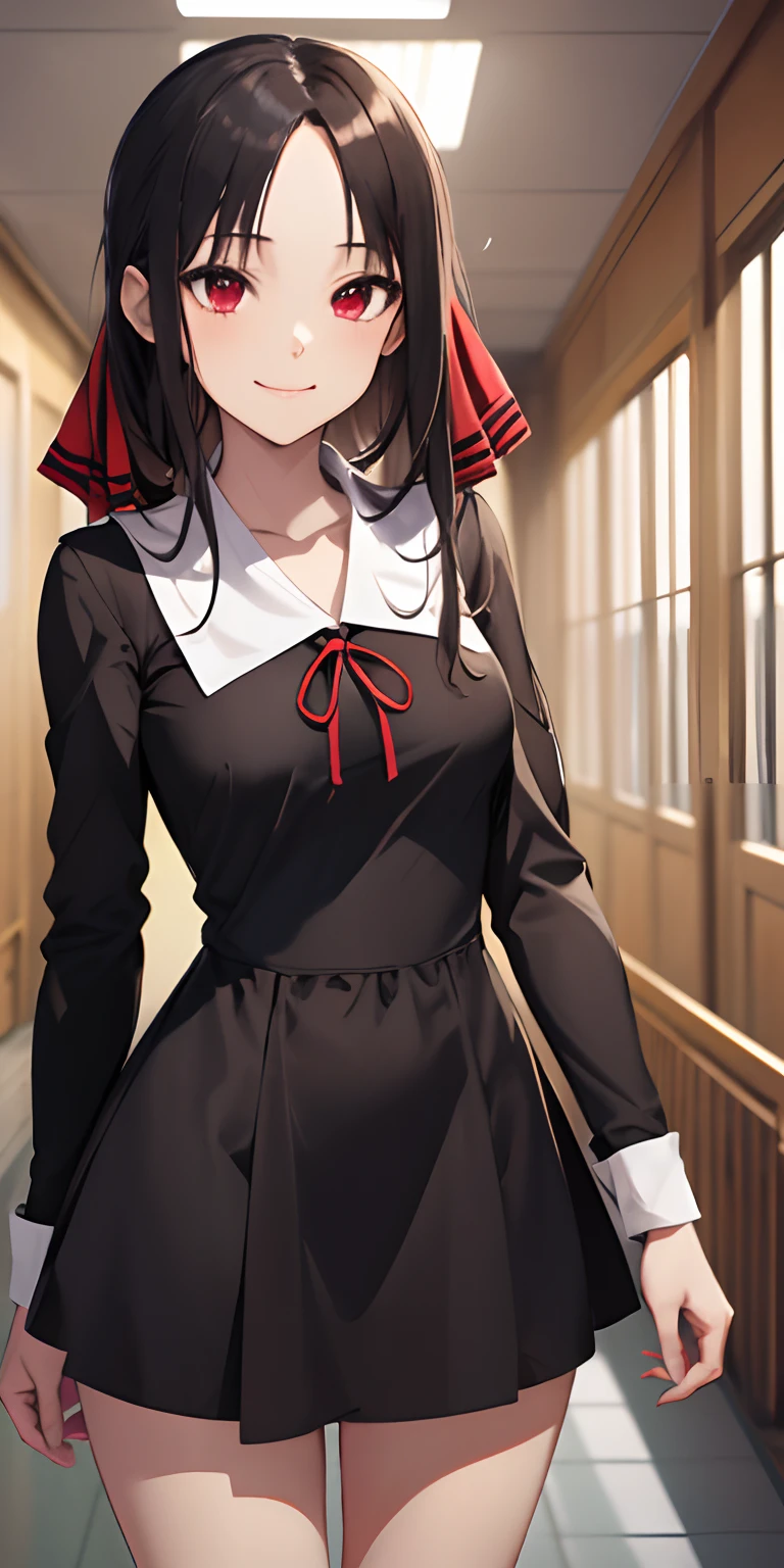 2d, masterpiece, best quality, anime, highly detailed, cowboy shot, 1girl, solo, shinomiya kaguya, red eyes, black hair, hair ribbon, red ribbon, school uniform, short dress, long sleeves, small breasts, standing, indoors, hallway, smile