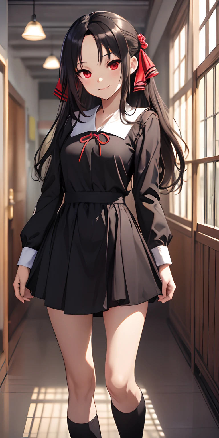 2d, masterpiece, best quality, anime, highly detailed, cowboy shot, 1girl, solo, shinomiya kaguya, red eyes, black hair, hair ribbon, red ribbon, school uniform, short dress, long sleeves, small breasts, standing, indoors, hallway, smile