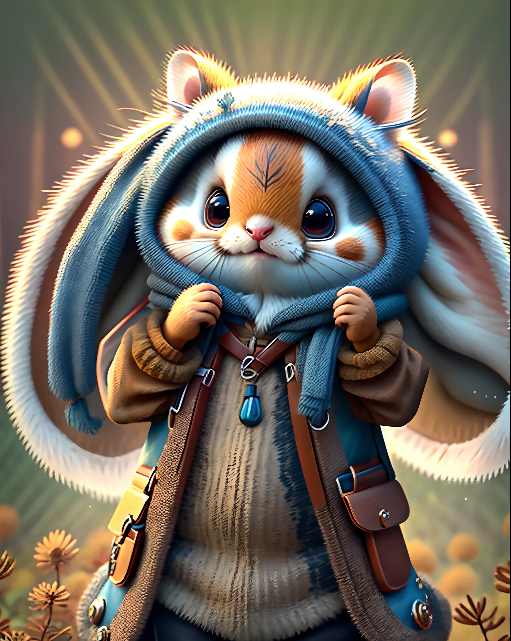 Top image quality、"Create cute creature masterpieces with inspired ultra-detailed concept art. Let your imagination come alive", (flying squirrel), high detailing, in 8K、Top image quality、Dressed as a hunter in medieval Europe、Carrying a boomerang on your back、