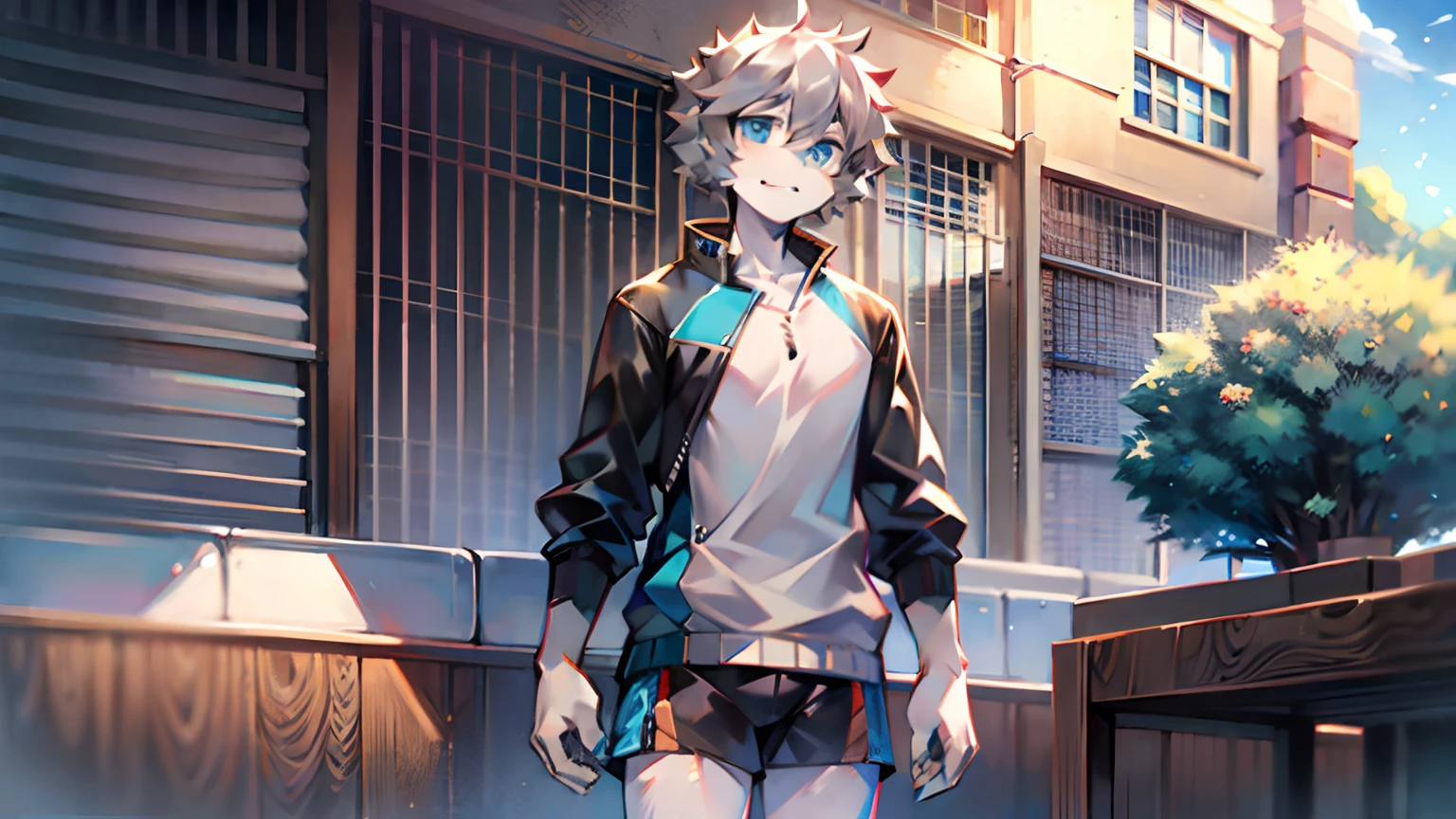 blue color eyes,Gray hair,Gray-white hairy long legs。Short-haired men,leisure wear