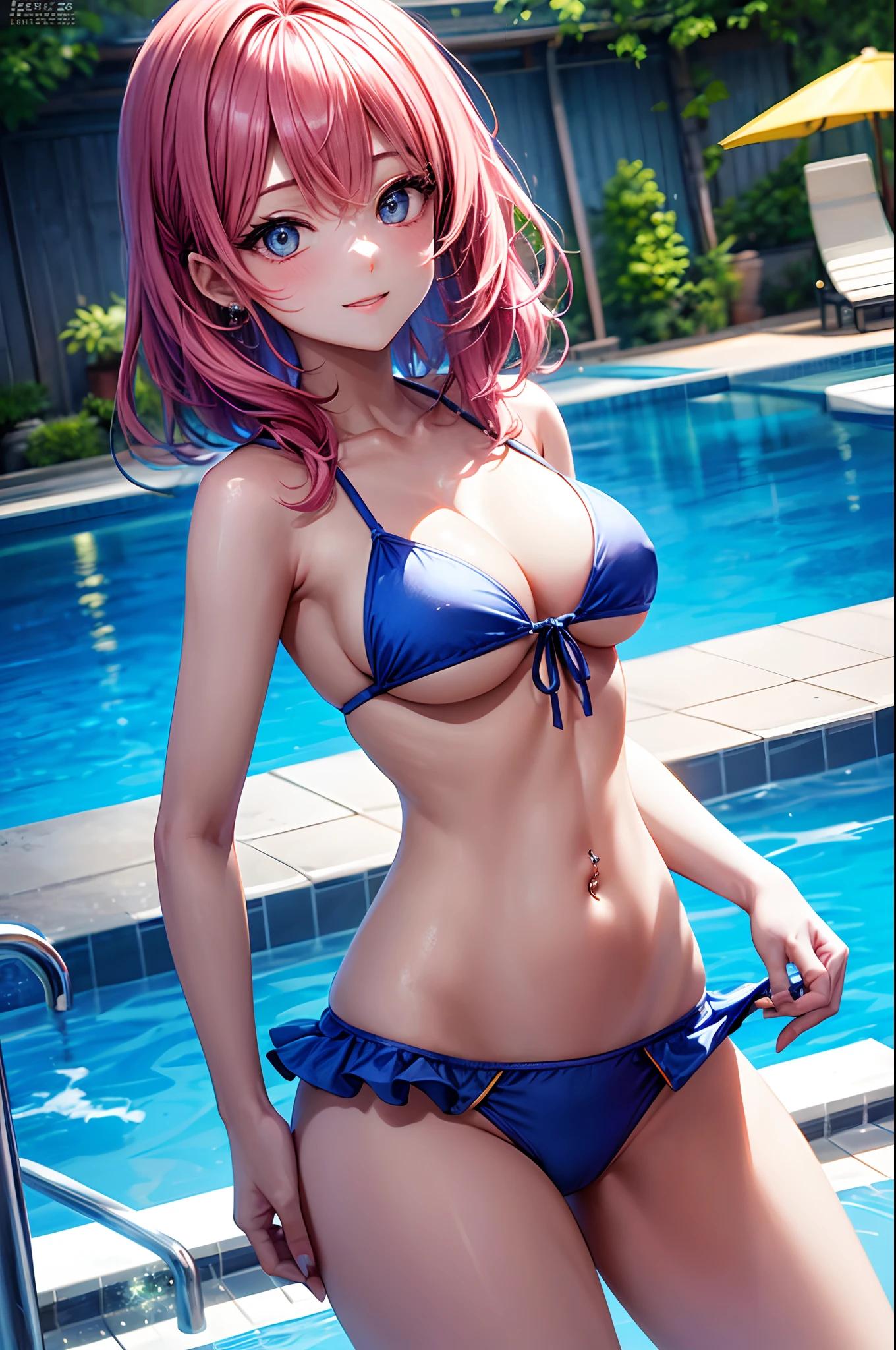 realisitic、top-quality、 1 人、20yr old、Bright flashy hair、piercings、Shy face、Fancy Bikini、beautiful boob 、sexypose、s ass、Example Pool、Particles of light、profetional lighting、blue open sky