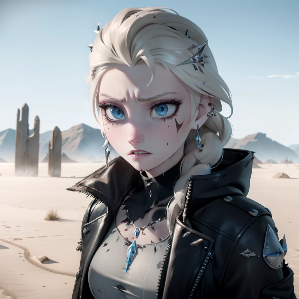 Elsa, post apocalyptic, desert, mad max, scarred, Post apocalyptic desert wasteland, Mad max, ear piercing, nose ring, gothy, torn clothes, Long jacket, ice pendent, scarrred, scarred, scarred, bruised, beat up, scarred