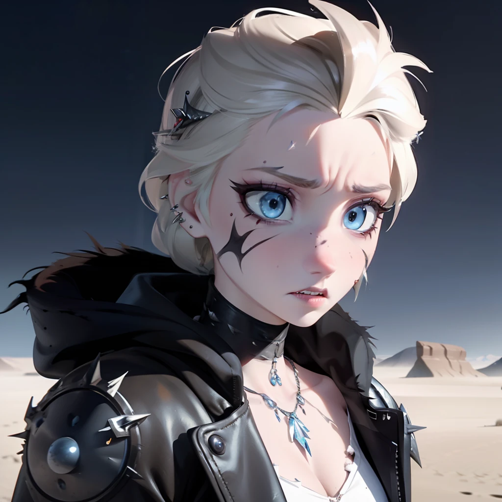Elsa, post apocalyptic, desert, mad max, scarred, Post apocalyptic desert wasteland, Mad max, ear piercing, nose ring, gothy, torn clothes, Long jacket, ice pendent, scarrred, scarred, scarred, bruised, beat up, scarred