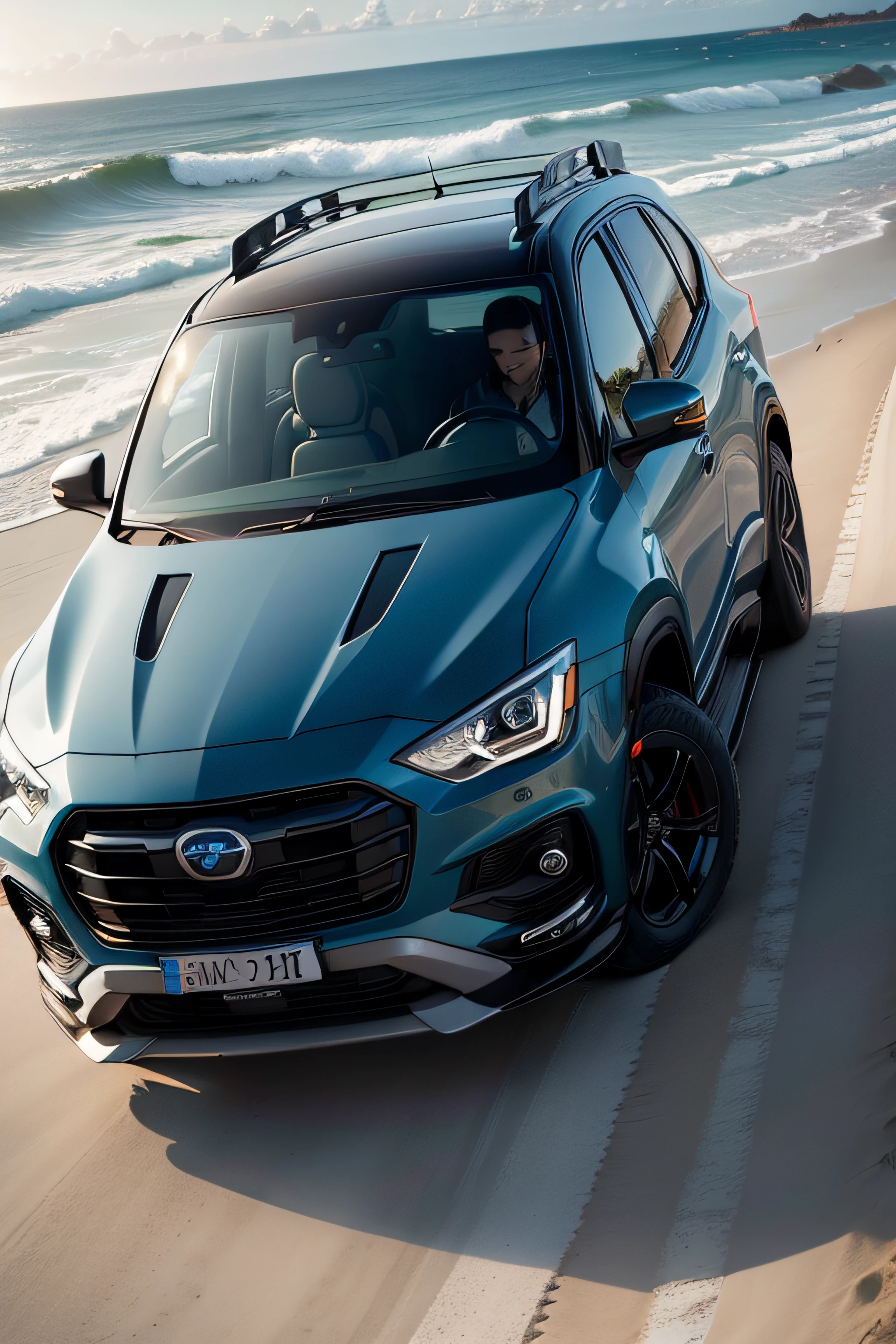 crie um carro futurista modelo suv na cor azul na praia