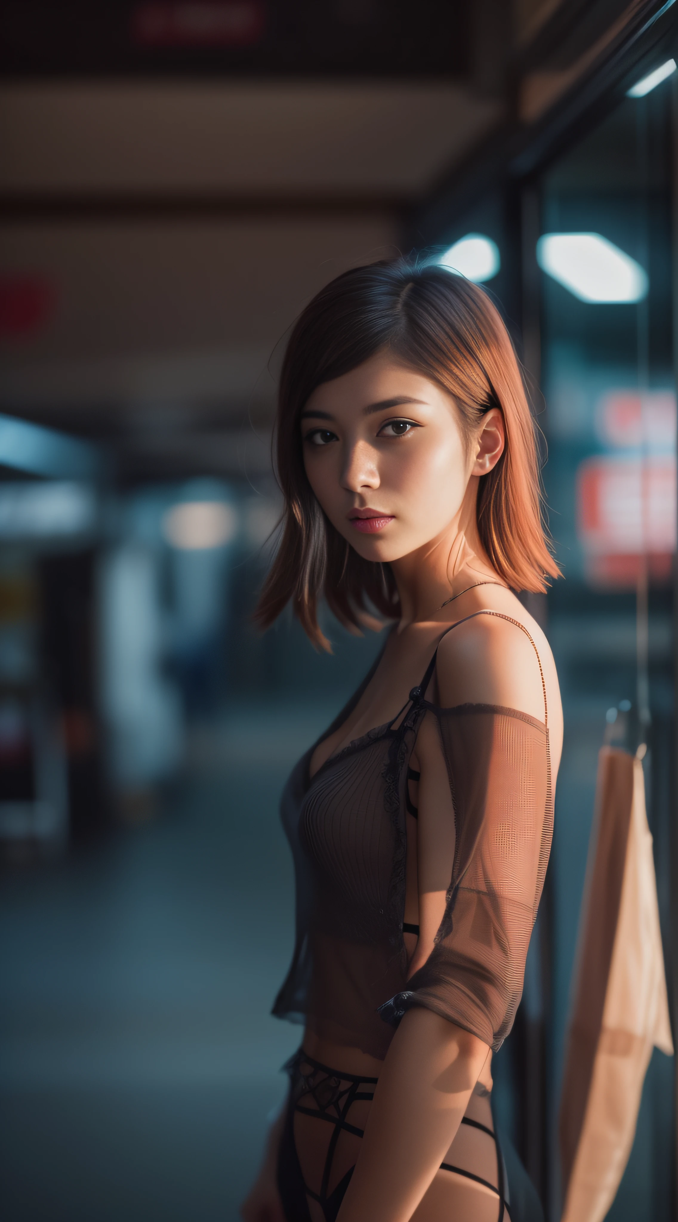 full body portrait photo of a stylish beautiful girl without clothes in a future convenience store, asymmetric hair cut, cyberpunk aestethic, heavenly beauty, 8k, 50mm, f/1. 4, high detail, sharp focus, cowboy shot, perfect anatomy, sunshine on her face, sunset, window side