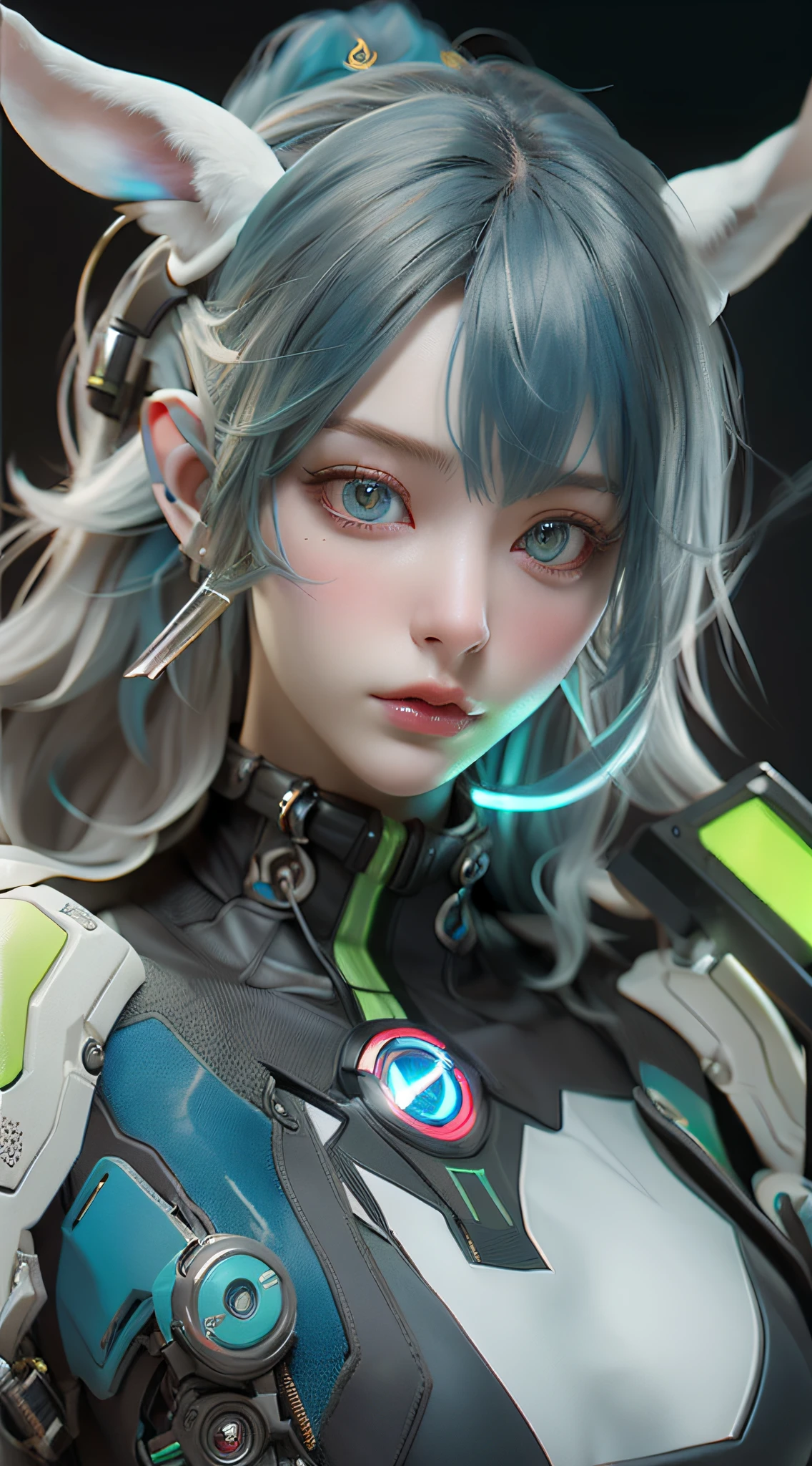 ((best qualtiy)), ((tmasterpiece)), (the detail:1.4), 3D, A beautiful cyberpunk female image,hdr(HighDynamicRange)blue green hair,tattoo,ears of elf,Ray traching,NVIDIA RTX,Hyper-Resolution,Unreal 5,Subsurface scattering、PBR Texture、post-proces、Anisotropy Filtering、depth of fields、maximum definition and sharpness、Many-Layer Textures、Albedo e mapas Speculares、Surface coloring、Accurate simulation of light-material interactions、perfectly proportions、rendering by octane、Two-colored light、largeaperture、Low ISO、White balance、the rule of thirds、8K raw data、