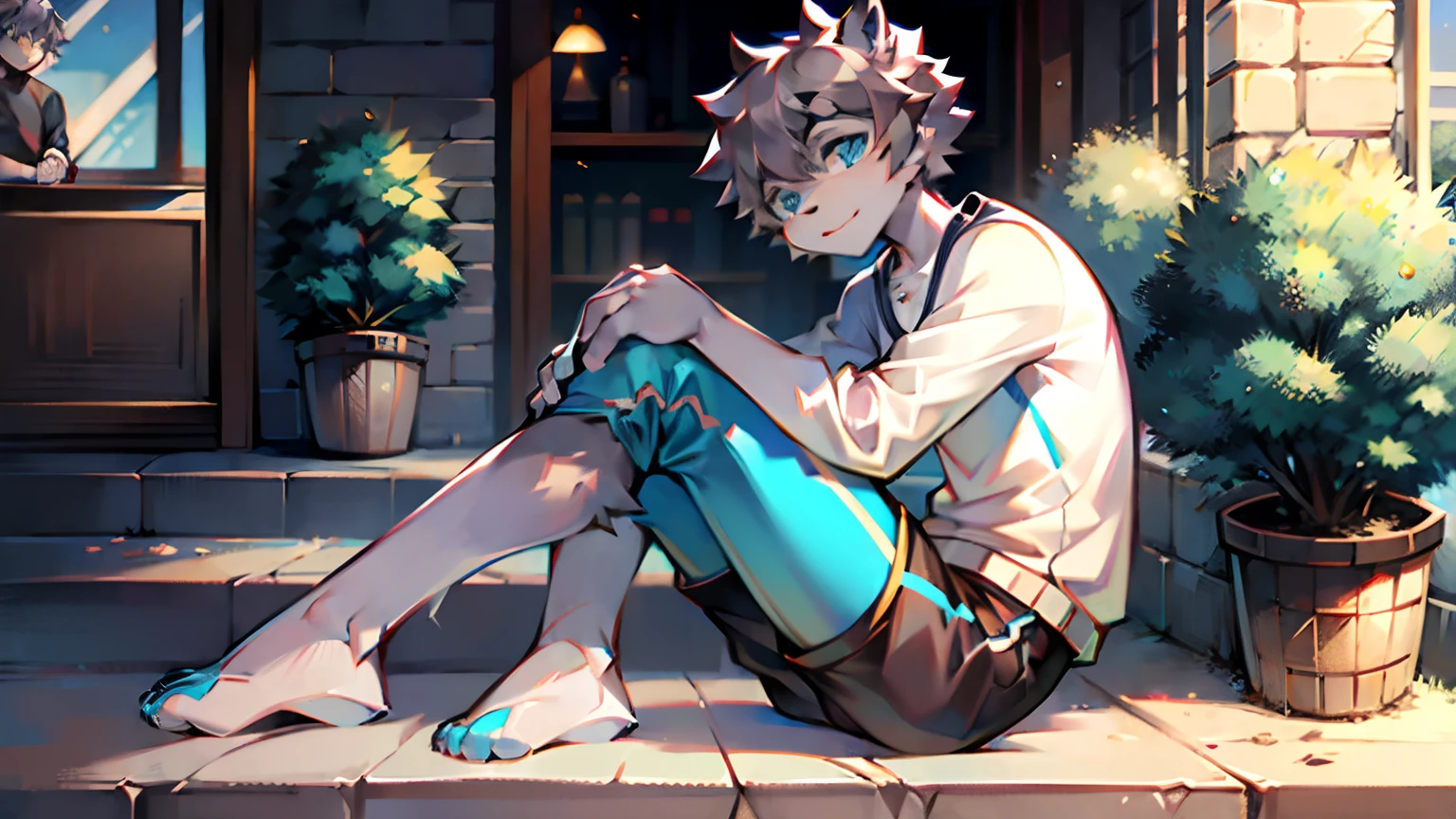 blue color eyes，Gray hair，Gray-white hairy long legs。Short-haired men，leisure wear