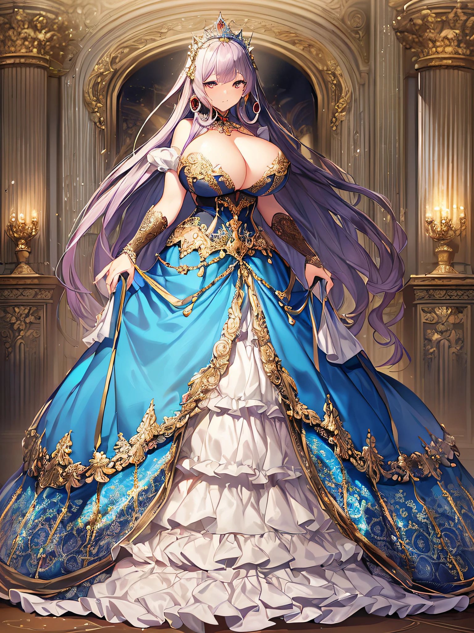 ((anime artstyle)),(Masterpiece),(Best Quality), (Super Detail),((Very Delicate and Beautiful)),(((Solo))),((full full body portrait )),(((1 princess in baroque dress with voluminous full length hoop skirt))),crinoline,((standing in fashion boutiques)),Long train,(bling-bling gorgeous gemstone jewelry),detailed face and eyes,jewel-like eyes,((large amount of straight hair,extremely voluminous Very Long Straight Hair)),(gorgeousfull embroidery and lace),(((gigantic tits,Long tits))),cleavage,gorgeous corsage,See-through,extremely gorgeousfull hair ornament,((bling-bling extremely gorgeousfull jeweled tiara)),ornate ruffles,beautiful embroidery,((Dynamic Angle)),Looking at viewer,((full body)),(((baroque dress with voluminous full length hoop skirt)))