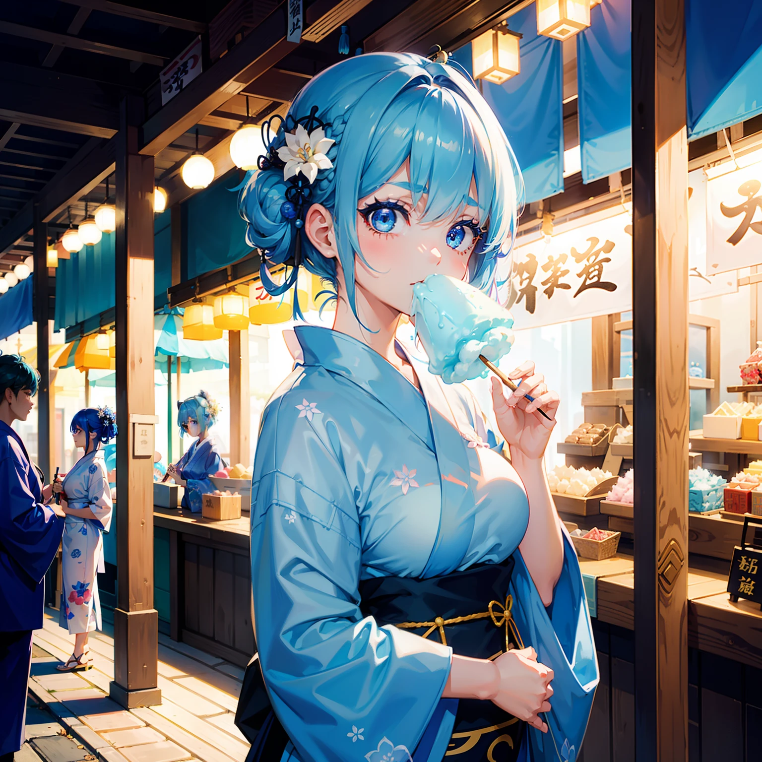 Girl with short light blue hair eating a large cotton candy while walking、drooping eyebrows、big eye、Dark eyelashes、Blue-based makeup、hair adornments、Yukata in pastel colors、food stand、Summer Festivals、(Supreme details)、(Highest image quality 8K)、(Professional luster)、(Professional Shadow)