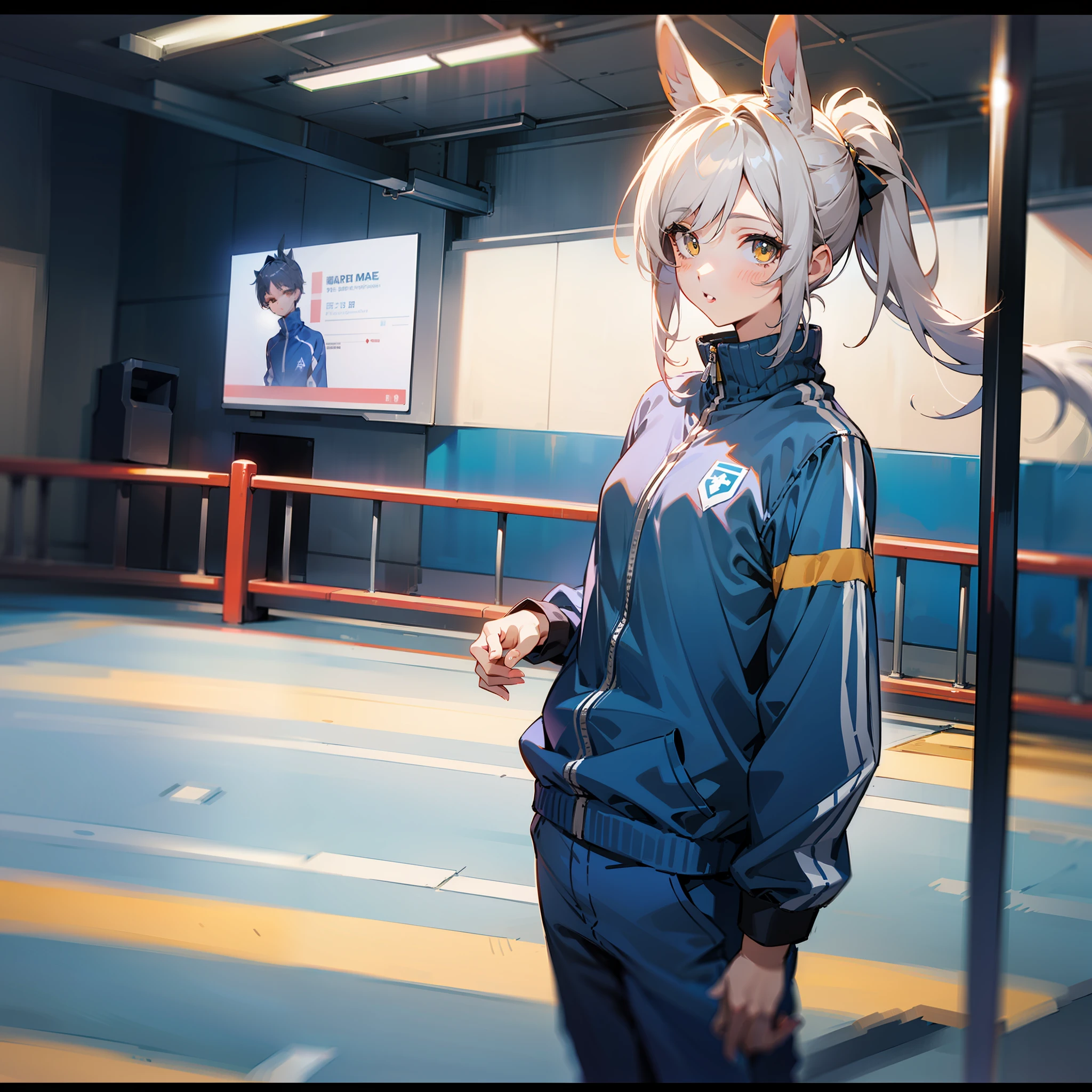 Masterpiece, Best quality, High quality, 1girll，Solo, Male focus, view the viewer, White horse ears，White single ponytail，yellow eyes，facing to audience，conservativelydressed，track suit，Playground runway，Ears stand upright，perspire