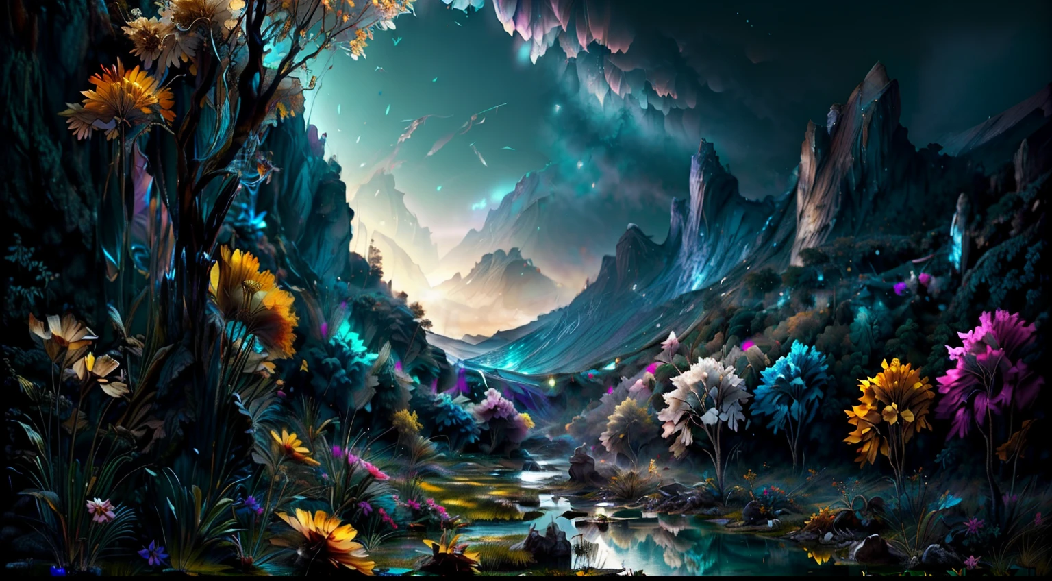 photo image, a mountainous landscape , un lago , Beautiful and Aesthetic, hora dorada rosa suave, crepusculo,, flores al aire libre, nature and floral aesthetics, beautiful images, Fantastic aesthetics, Arte de Alberto Severo, salpicaduras y gotas congeladas multicolores, dream, Pintura digital surrealista , brillos tornasolados, efectos 3D, Ultra HD(obra maestra: 1.6, mejor calidad), (ojos hermosos y detallados finos: 1.2), (fondo de pantalla CG unidad 8k extremadamente detallado, obra maestra, Super detailed, mejores sombras), (fondo detallado), alto contraste, (better lighting, extremadamente delicada y hermosa), ((salpicadura de pintura de color sobre fondo transparente, Dulux,)), ((Caustic) ), angles dynamic, hermoso brillo de detalle,