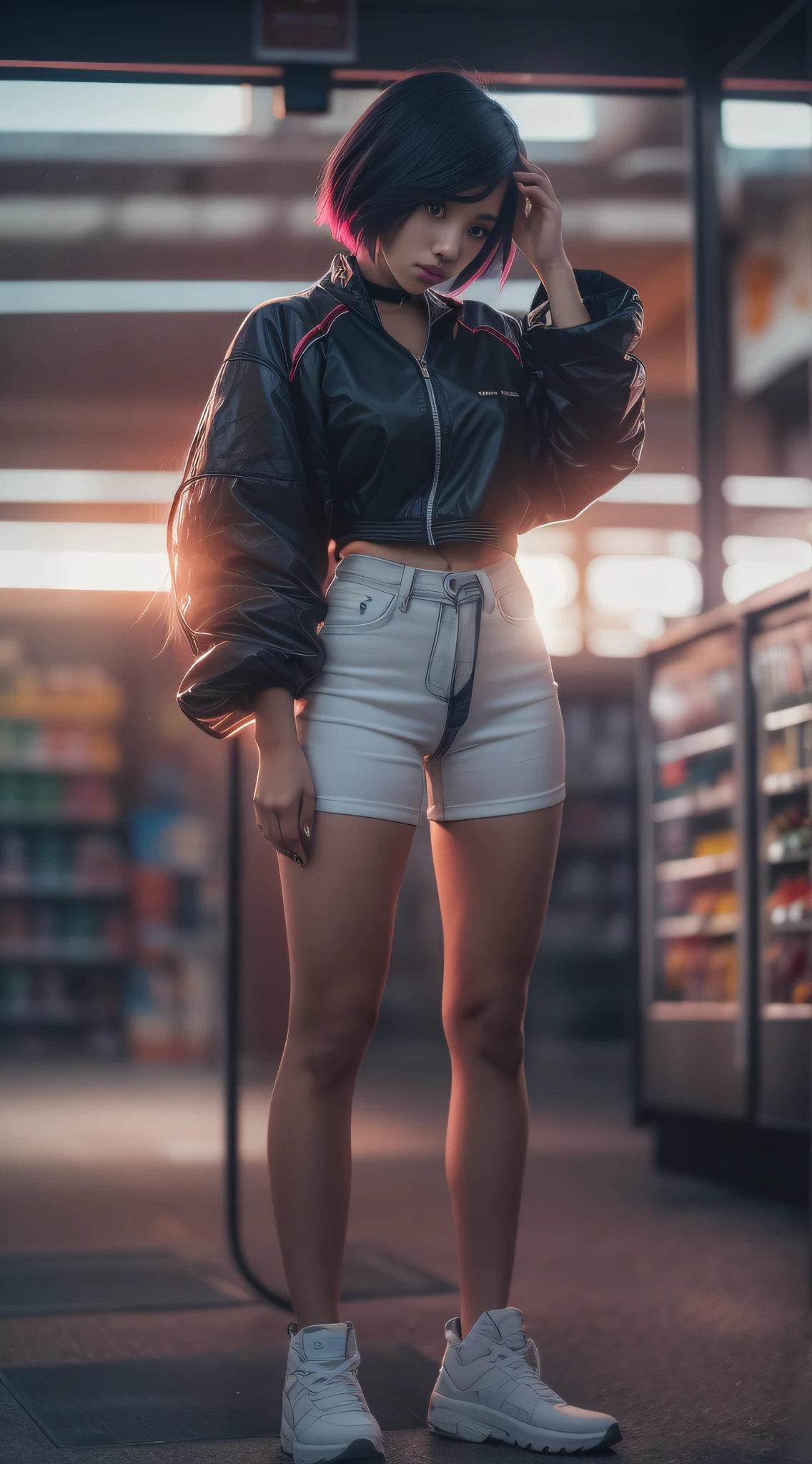 full body portrait photo of a stylish beautiful girl without clothes in a future convenience store, asymmetric hair cut, cyberpunk aestethic, heavenly beauty, 8k, 50mm, f/1. 4, high detail, sharp focus, cowboy shot, perfect anatomy, sunshine on her face, sunset, window side