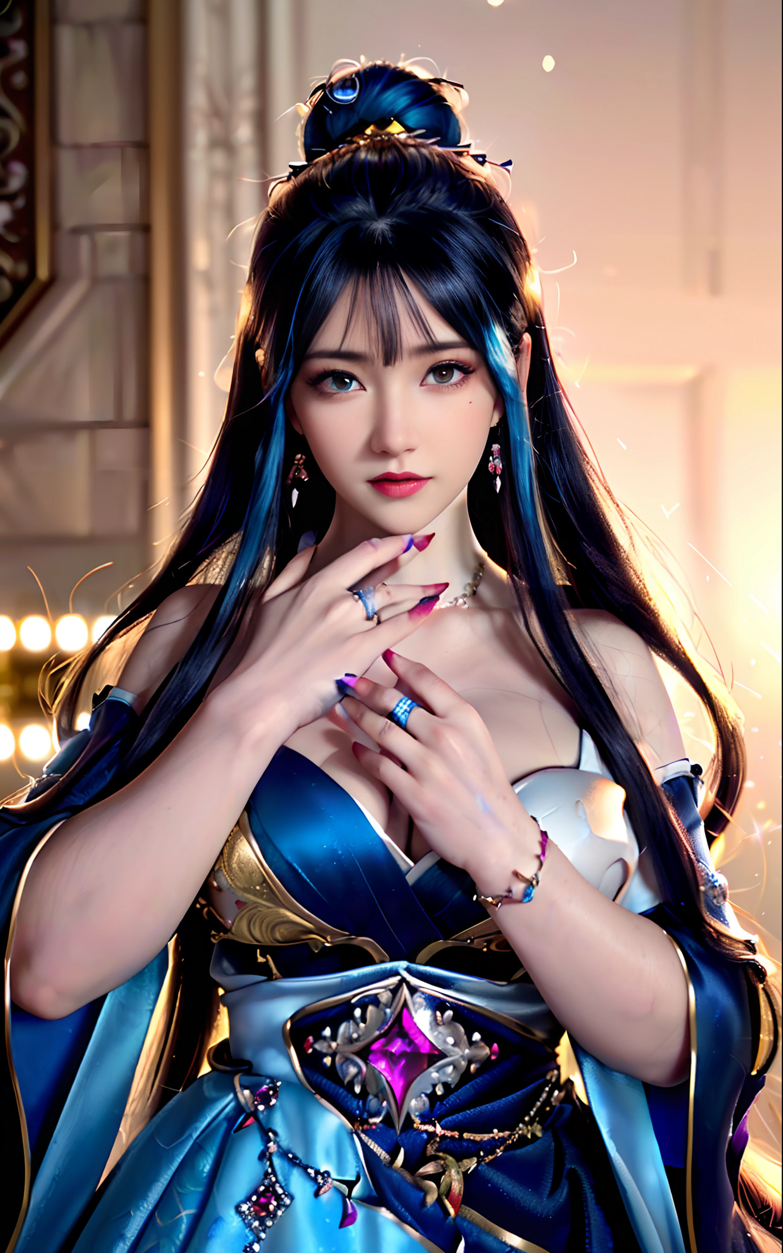((realisticity: 1.2)), ((realistic: 8K UHD)), ((best resolution: 8K UHD)), hyper detailed, best quality,masterpiece,highres,cg, ((1 girl hyper detailed and hyper realistic) ) , ((beautiful queen, hyper realistic and hyper detailed)),((white skin, beautiful, smooth, youthful, hyper realistic and hyper detailed )), ((Face hyper beautiful, white, hyper realistic and hyper detailed ) ), long hair, ((hyper realistic and hyper detailed dress)), solo, ((hyper realistic, hyper beautiful, beautiful and hyper detailed jewelry)), ((hyper beautiful deep red and golden yellow dress, hyper realistic and hyper detailed )) , ((Her pretty, hyper realistic, hyper detailed diamond filled earrings)), ((Her gorgeous diamond haircut, hyper realistic and hyper detailed)), ((hyper pretty upper body, hyper beautiful, hyper realistic and hyper detailed) ), ((medium breast: 1.1)), ((hyper realistic, hyper pretty, hyper detailed boobs)), ((the backgroun of the royal palace is hyper majestic, hyper realistic and hyper detailed)),((hands and palms hyper beautiful, hyper detailed, hyper realistic)), ((hyper detailed and hyper realistic fingers and fingernails)), ((hyper pretty fingernails, hyper vivid, hyper detailed, hyper realistic)), ((thumb, index finger, middle finger, ring finger, little finger hyper vivid, hyper pretty, hyper detailed, hyper realistic)),  
((hyper beautiful fingers, hyper detailed, and hyper realistic)), ((posture not too fat and not too thin, hyper realistic, hyper detail)), ((hyper pretty, hyper pretty, hyper realistic and hyper detailed hair bun)), ((hyper pretty , hyper realistic and hyper detailed blue hair)), candid, Photo, high resolution, 8k , bokeh,