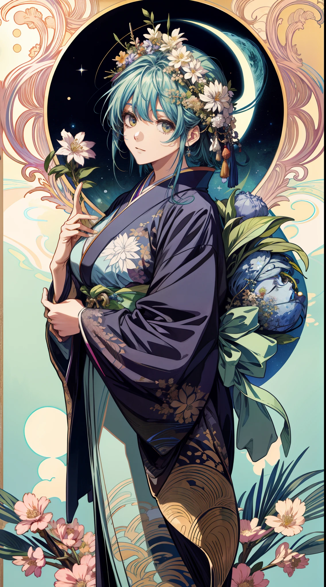 (absurderes、hight resolution、ultra-detailliert)、独奏、femele、Wearing a kimono、large full breasts、cabelos preto e longos、Earth Eye Eyes、Astronomical map decoration、Victorian style、a matural female、A detailed face、hut\Tarot Cards\、stele、Mare、a moon、Symbolism、Visual Arts、occult、Visual Projection、pop music、art by、Alphonse Mucha