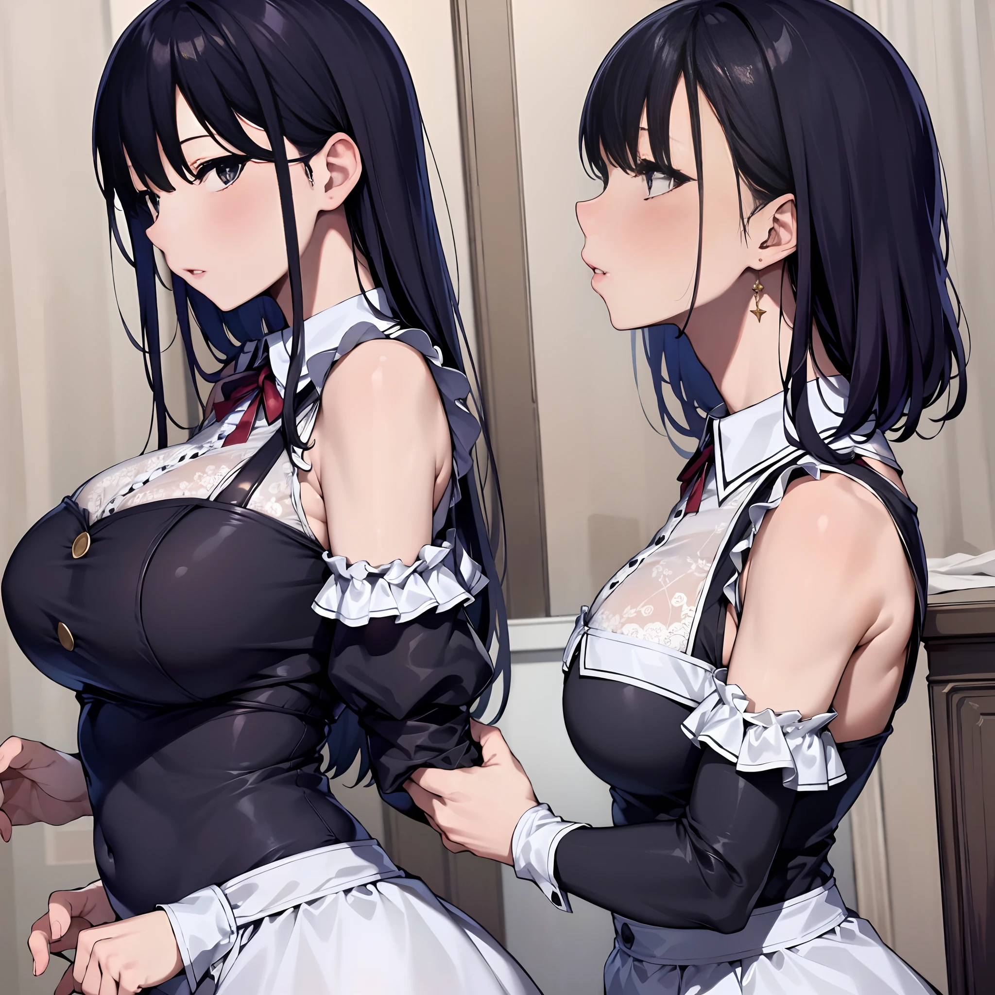 ((((((maid apron, puffy long sleeves, frilld, bangs,  on the bed,hands between thighs,))))))((((The whole body is covered with oil，Oily shiny，oily，Oily and slippery,with her mouth open,Blush:1.2,Loose cuffs,))))(((((((Monochrome world, Use only black shades, White, and burgundy, Grim, geomerty:1.2, )))))))，((1girll,mature,Amazing,Sharp focus,seductive lady，Solo，From above:1.3,Tattooed with，Loose knitwear,Military jacket，thigh band,))(Masterpiece,Best quality, offcial art, Beautiful and aesthetic:1.2),((hyper HD,ore,Golden ratio,)) (16k),((Upper lens,Facial closure:1.2,focus onface:1.2,Vampire, (((slime-liked breasts))), (((Sagging breasts))))),(Physically-based rendering),Sharp focus, (((highdetailskin,))),intricate outfits，Delicate pupils,Cardiac pupils,Danfeng Eyes,((((detailed hairs|Long hair|Long bold side bangs|Cover your eyes|Naturally curly|Disheveled hair)))),Slender,(masterpiece sidelighting),(The sheen),(Beautiful hair,Beautiful eyes,）((unbelievable Ridiculous,)),((extremely_Detailed_Eyes_and_face)),AV actor,(Dynamic configuration: 1.2),Brilliant,Glossy, (Photorealistic), ((Metal earrings)), two-sided fabric,Ultra-precise depiction, Ultra-detailed depiction,