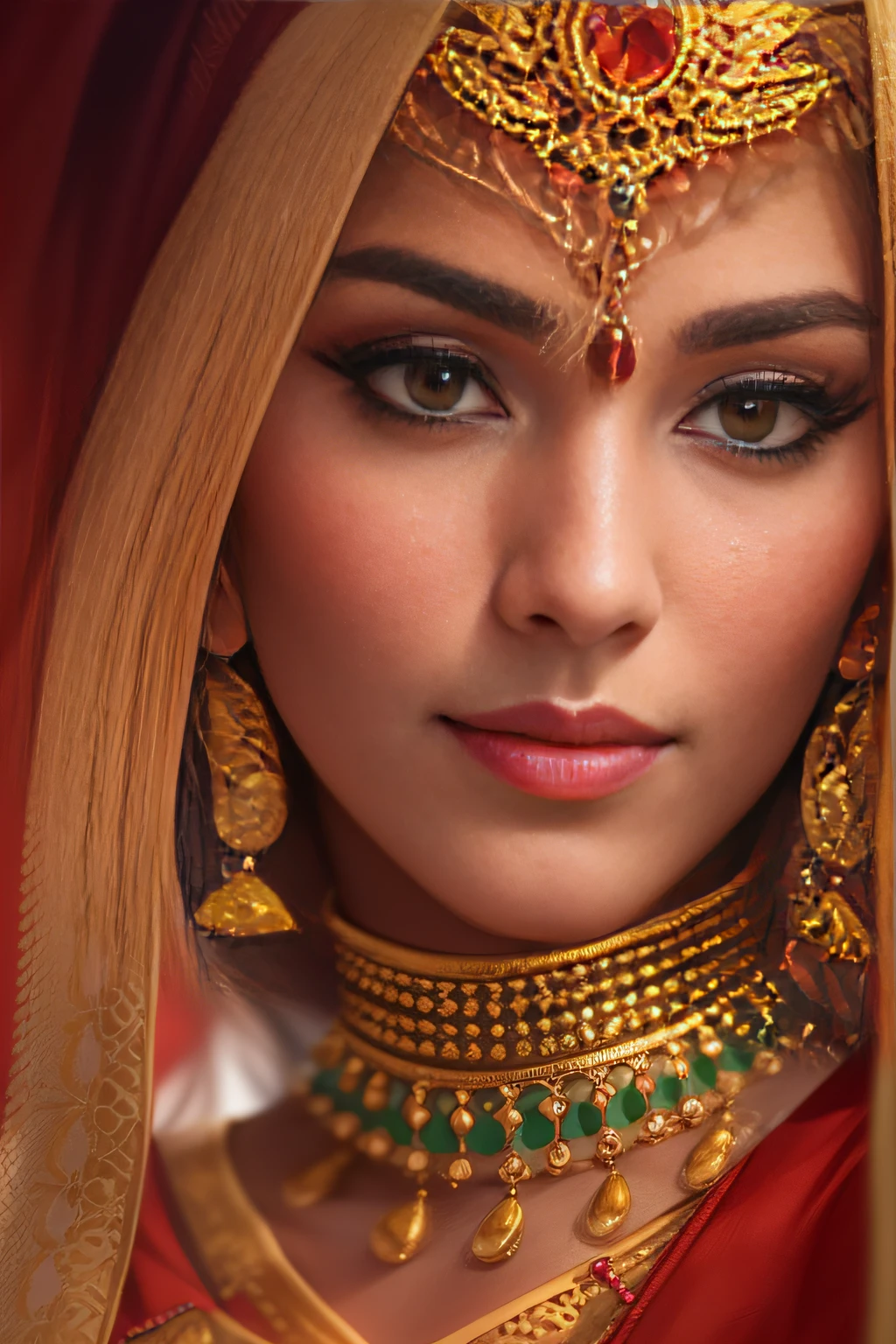 a close up of a woman in a red and gold costume, Traditional beauty, detailed beauty portrait, Portrait shooting, arabian beauty, Indian, stunning portrait, Beautiful portrait, very beautiful portrait, Rendu portrait 8k, photo of a beautiful woman, Middle Eastern skin, high quality portrait, indian empress, traditional makeup, Portrait photo of a beautiful, detailed beautiful portrait, indian style