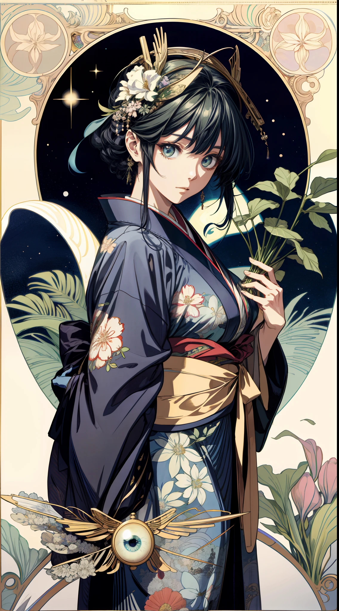 (absurderes、hight resolution、ultra-detailliert)、独奏、femele、Wearing a kimono、large full 、cabelos preto e longos、Earth Eye Eyes、Astronomical map decoration、Victorian style、a matural female、A detailed face、hut\Tarot Cards\、stele、Mare、a moon、Symbolism、Visual Arts、occult、Visual Projection、pop music、art by、Alphonse Mucha
