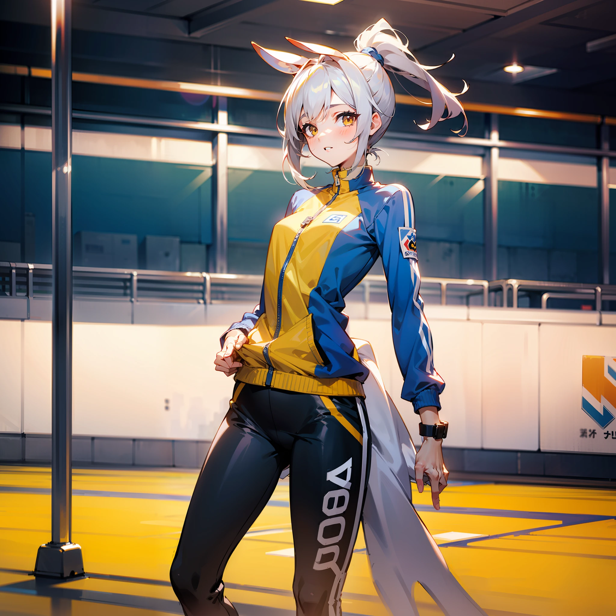 Masterpiece, Best quality, High quality, 1girll，Solo, Male focus, view the viewer, White horse ears，White single ponytail，yellow eyes，facing to audience，conservativelydressed，track suit，Playground runway，Ears stand upright，perspire