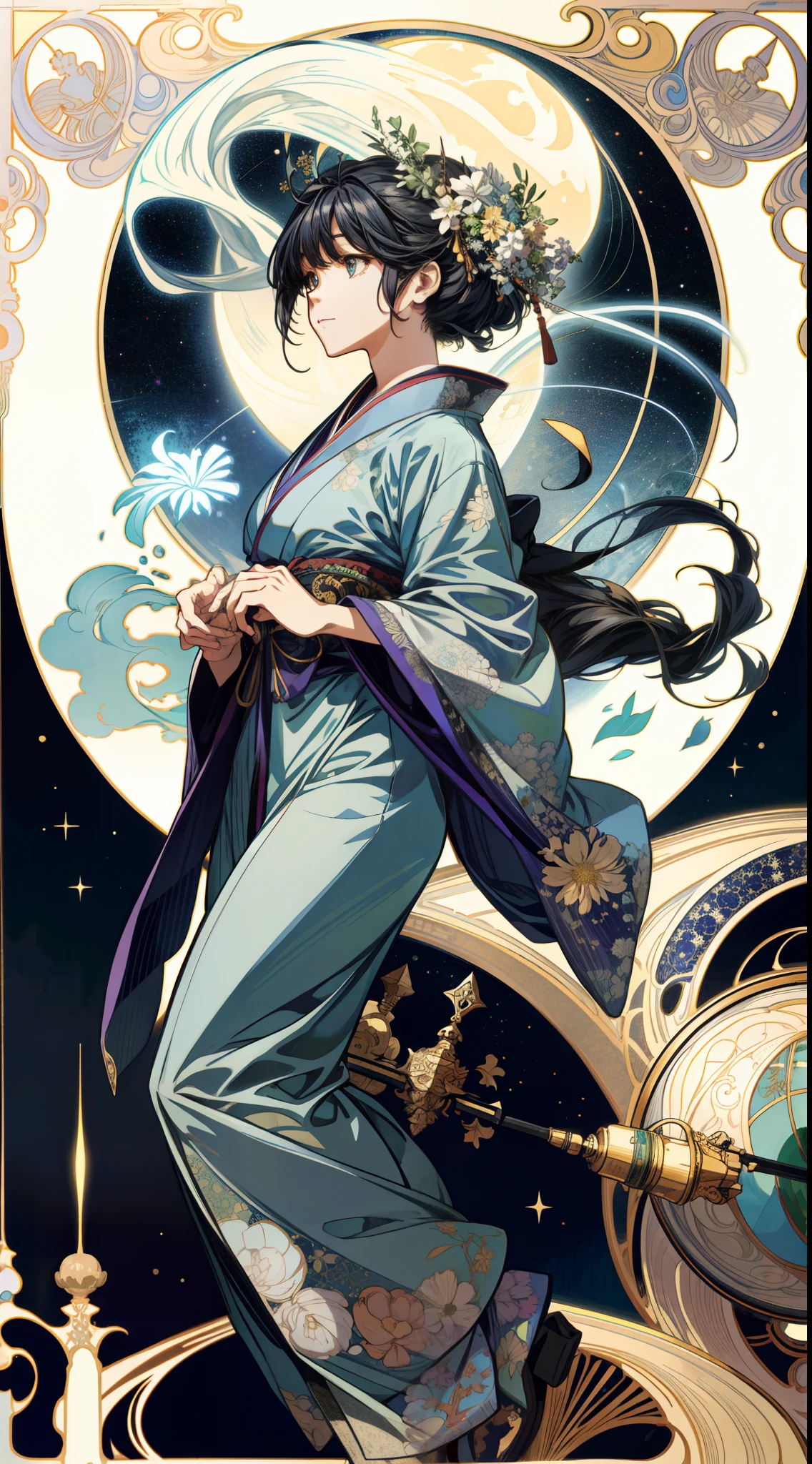 (absurderes、hight resolution、ultra-detailliert)、独奏、femele、Wearing a kimono、large full breasts、length hair、Earth Eyes、Decoration of astronomical maps、Victorian style、a matural female、A detailed face、hut\Tarot Cards\、stele、the wind、a moon、Symbolism、Visual Arts、occult、Visual Projection、pop music、art by、Alphonse Mucha