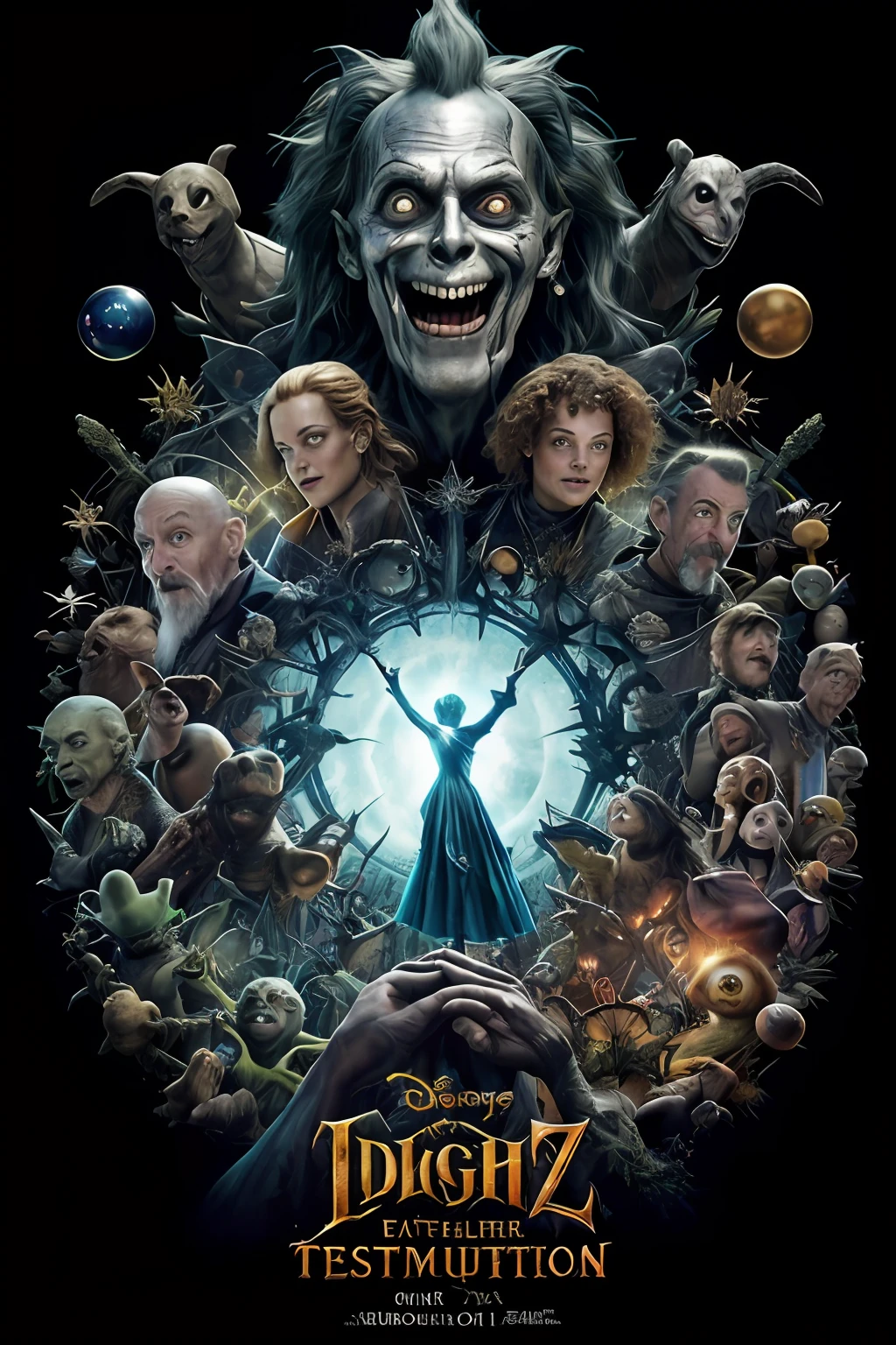Cartaz do filme O MAGICO DE OZ com todos os personagens em tons escuros, terror (realista, fotorrealista: 1.4), (foco clear: 1.4), (rosto e olhos ultra detalhados: 1.1 ), (album art:1.1), (obra-prima:1.1), melhor qualidade, decadente, detalhes ultra altos, , extremamente intrincados, detalhes extremos, ray tracing, reflexos, beautiful lighting (intense illumination: 1.1), (High saturation clarity contrast, Deep contrast levels, clear, retocado, with color graduation: 1.1), soft-lighting, cinemactic, (forte contraste: 1.2)