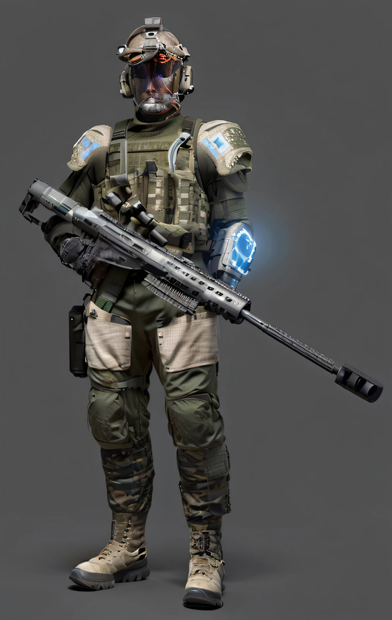 A close-up of a soldier with a gun and helmet, sci-fi soldier, sci-fi skin, With a sci-fi rifle, futuristic soldier, clothed in sci-fi military armor, future soldier clothing, cyberpunk soldier, energy rifle, holding the sniper rifle, expert high detail concept art, sci - fi character, ingame image, intimidating full body armor