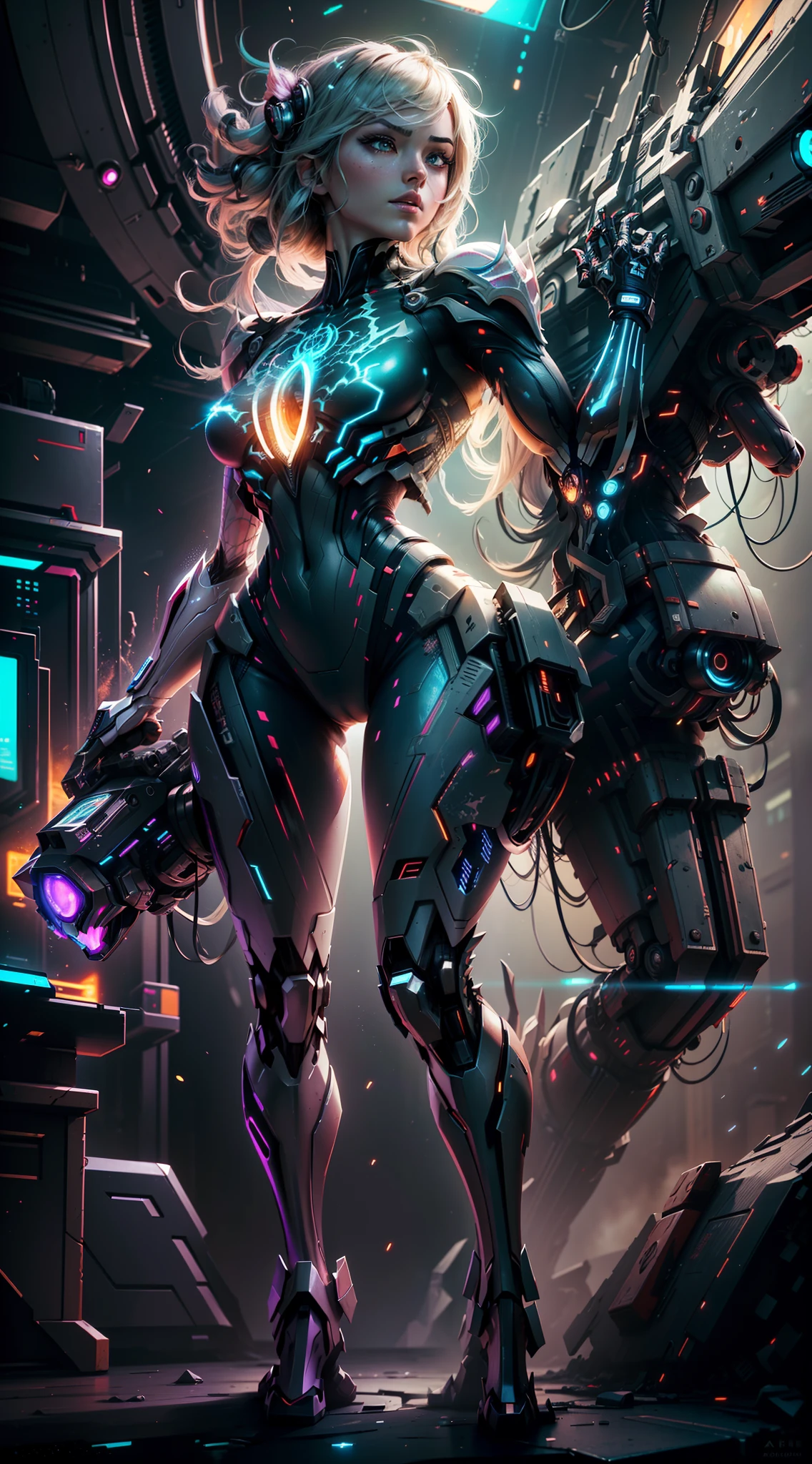 beautiful girl,Bio mechanical, (((head and upped body))), connected to machine, (((no body))), (((no lower body))), wires, cables, mechanical hands,(((no legs))), looking at viewer, pale, small glowing led, neon, extremely detailed