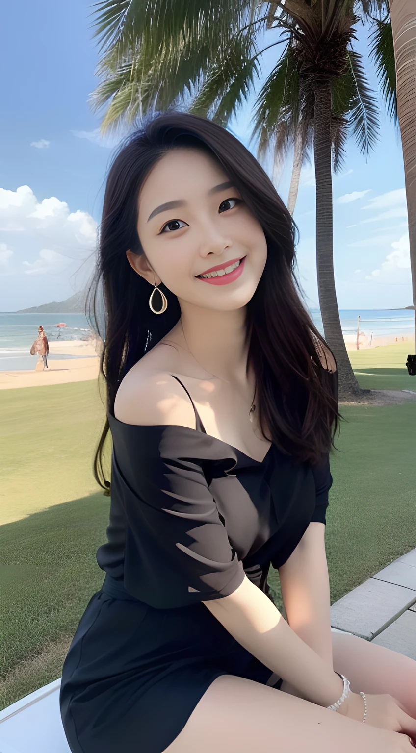 ((best qualtiy, A masterpiece in 16K quality:1.3)),a young, Beautiful and cute Korean actress,Full body photo,Extremely beautiful and delicate,Black color hair,Pouting and smiling,Delicate and beautiful fair skin,Realistic and realistic,exquisite and complete facial features,Detailed depiction of the face,tall nose bridge,Smooth hair,extremely detail hair,Feminine temperament,Tall and tall,Thin,Realiy,White teeth,Tied up with hair,Hyper-realism,sandals,full body shot shot,There are seagulls flying,Forward tilt angle,Extreme picture quality,Highest precision,Precise and perfect human anatomy。with blue sky and white clouds,with blue sky and white clouds,rays of sunshine,Chiffon tops,There are coconut trees(Chiffon shorts)(telephoto shot,)Express the landscape,Highlight portrait。Sitting on the beach by the sea。Wearing earrings