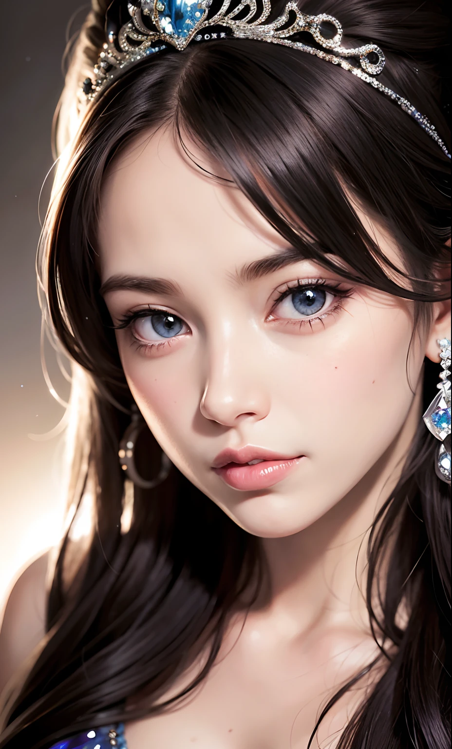 A close up of a woman wearing a tiable and a blue dress - SeaArt AI
