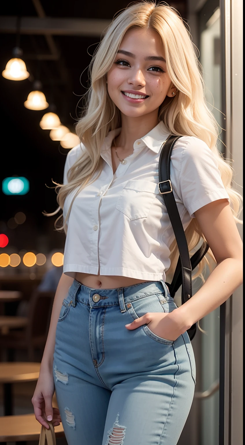 Malay girl very long white shiny hair, wear small floral pastel color shirt and jeans, laughing and both hand holding her own hair in cafe, wear backpack, front view, very long wavy white hair, messy hair, hair blown, windy, detail skin, age spot, detail skin texture, mole below eyes, small breast, flat chest, wide hips, small waists, thick thighs, slim abs, beautiful body, nighttime, laughing, happy, bright lighting, college student in background, crowded cafe, blur background, bokeh, camel toe,