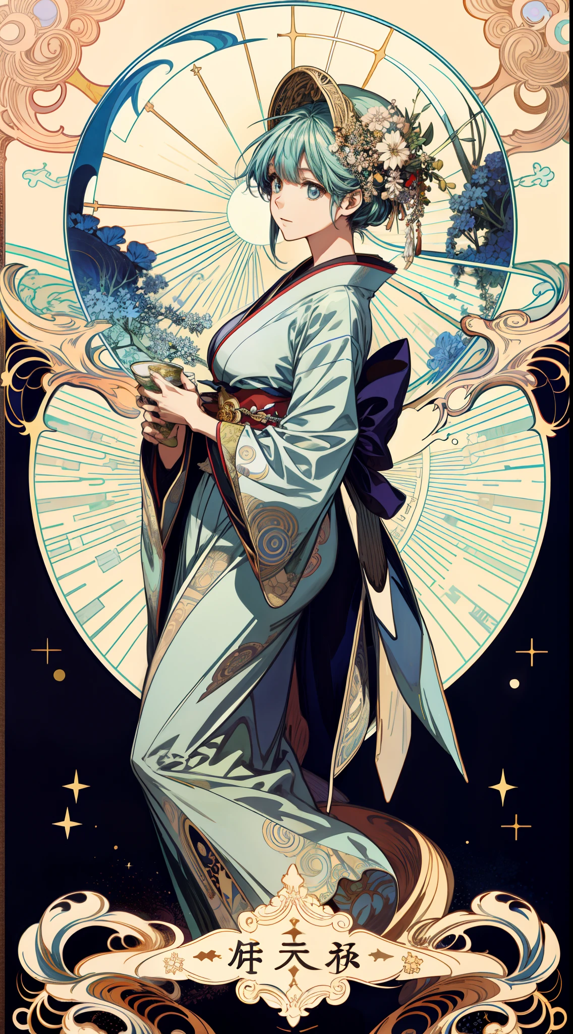 (absurderes、hight resolution、ultra-detailliert)、独奏、femele、Wearing a kimono、large full breasts、length hair、Earth Eyes、Decoration of astronomical maps、Victorian style、a matural female、A detailed face、hut\Tarot Cards\、stele、the wind、a moon、Symbolism、Visual Arts、occult、Visual Projection、pop music、art by、Alphonse Mucha