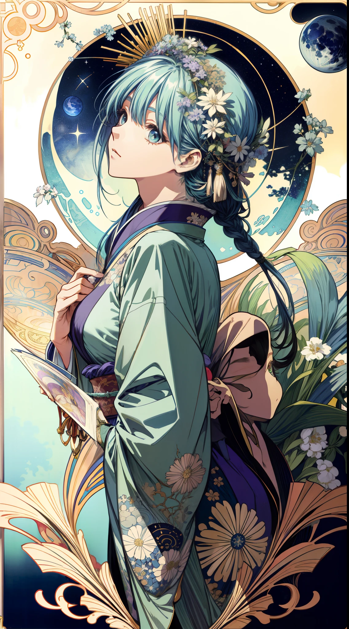 (absurderes、A high resolution、ultra - detailed)、独奏、femele、Wearing a kimono、Large full breasts、cabelos preto e longos、Eyes of the Earth、Fireworks decoration、Victorian style、a matural female、A detailed face、Delicate portrayal of facial features，Delicate eye portrayal，Delicate hand five-finger depiction，
Hut\tarot cards\、stone monument、夏天、a moon、Symbolism、visual art、occult、Visual projection、pop inspo、art by、Alphonse Mucha，