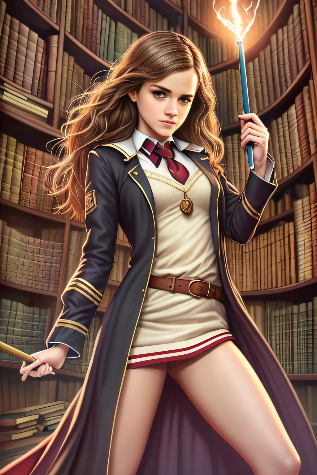 emma watson as hermione granger in her classic red school uniform, ((only green books)) inside a library, holding the brown wand with the tip,  ((glowing from the lumos spell)), colorful, digital painting, concept art, smooth, sharp focus, illustration, art hyperdetailed, by john blanche retouched, realistic, smooth face, perfect eyes, symmetrical, full body shot, wide angle, sharp focus, 8 k high definition, insanely detailed, intricate, elegant, art by artgerm