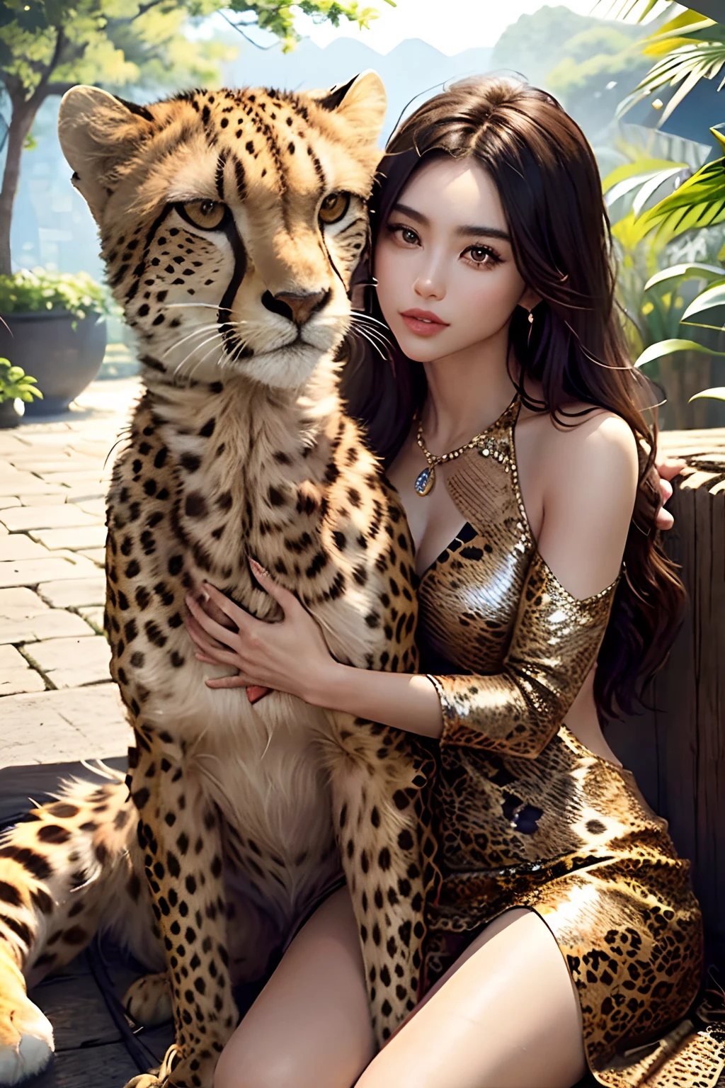 masterpiece, best quality, making friends with the Cheetah, fun, happy, bright, loong,sexzy, realstic