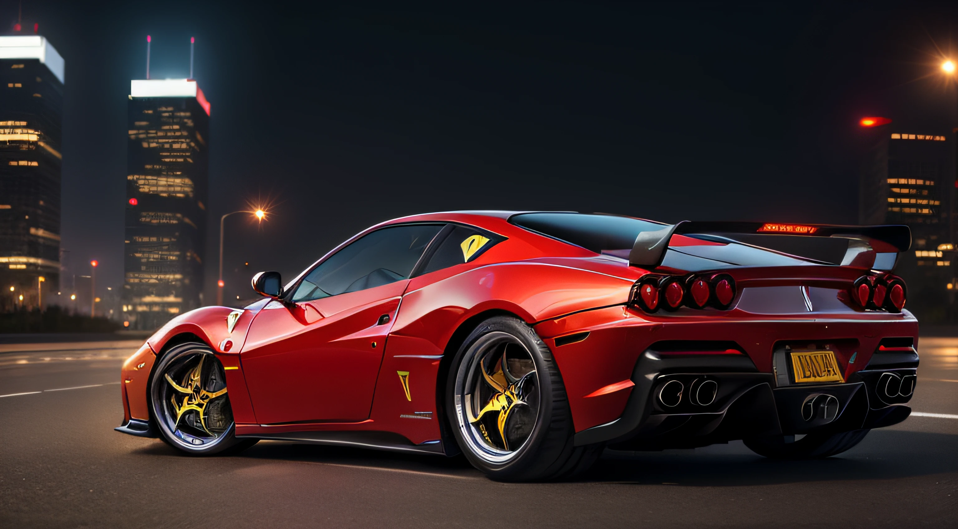 Ein Ferrari mit einer Skyline im Hintergrund, Nacht, nicht realistisch, skyline should take 2/3 of the picture