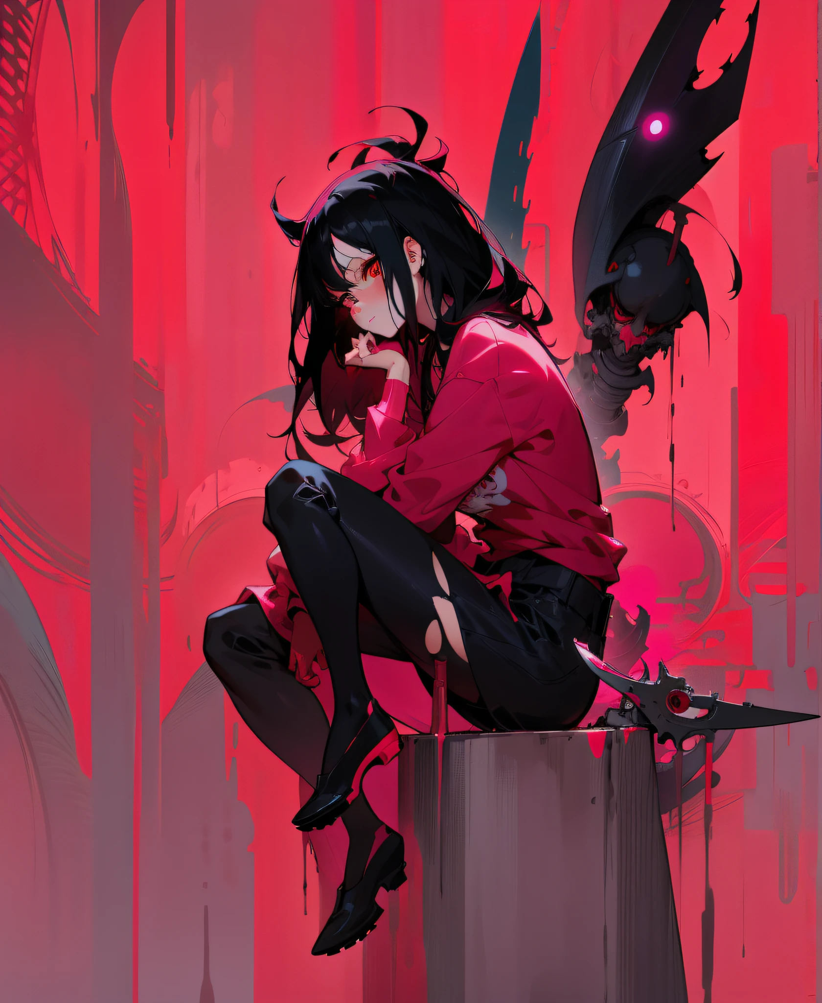 a cartoon image of a anime girl with black hair and red eyes with a pink background, artwork in the style of guweiz, and a bright face, detailed digital anime art, vibrant fan art, chainsaw man artstyle,