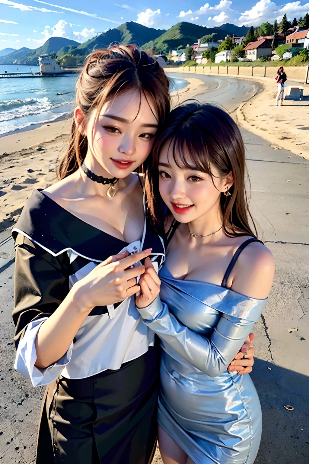 (8K、RAW photography、top-quality、tmasterpiece:1.2,two girls,duo,stroking)、ultra - detailed、Hyper-Resolution、(hyper realisitc:1.4)、(Use the kiss you throw as a camera)from the above、camera shot from above、Shoot the camera angle from above、I look at this with upward eyes、Arms outstretched、Arms spread wide、Use high-quality images taken from above with your camera、(5 digits in Girl on the Beach 1:1.3)、、Offshore girls(dreamlike lighting)Head to waist、、white skinned、Fair-skinned female proofreading、super high image quality、、Beautiful female proofreading reflecting in light、astonishing detail、Beautiful girls in very detailed、(Faces with different patterns1:1.2)、(Different facial emotions 1:1.3)、Each hairstyle has its own characteristics、colours々Hairstyles、colours々The hair color shines with a clean sheen、I love fishing on the boat、Brown hair shining in the light、One has a ponytail、、Modern cute girl、very detailed faces very detailed eyes、Very realistic skin、 Extremely detailed fingers, Highly detailed nose, highly detail mouth, perfect anatomia, (Off-the-shoulder ta costume 1:1.2)、、Their hair details sparkle、Hot teeth and smiles、Realistic body, white skinned, glistning skin, Slim body, Long straight hair, (Blunt bangs:1.2), , nixeu and sakimichan, twice, seifuku, sakimichan, promotional still, lalisa manobal, alena aenami and lilia alvarado