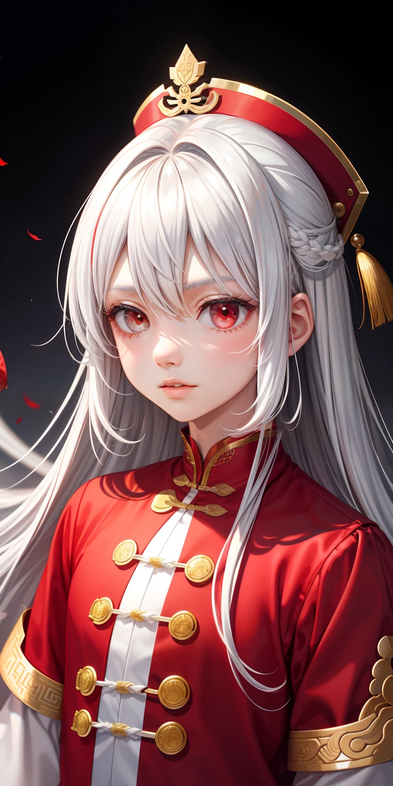boy,Comely,Medium long silvery white hair,Q version,Chinese style red and white clothing,There is texture,There is texture,the detail,