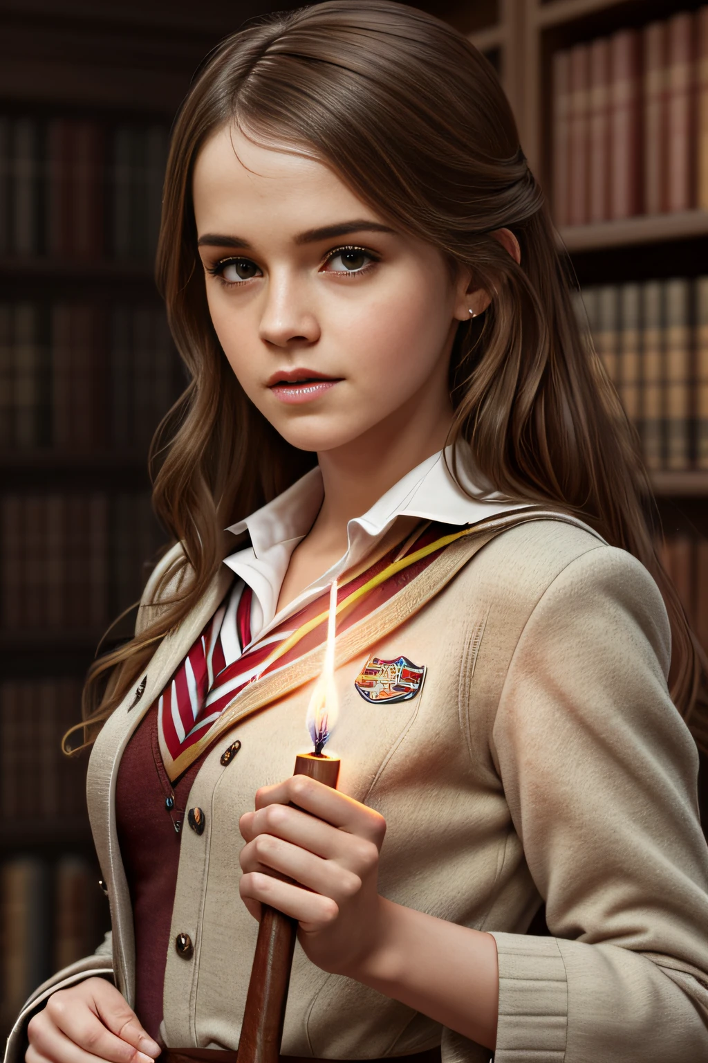 emma watson as hermione granger in her classic red school uniform, ((only green books)) inside a library, holding the brown wand with the tip,  ((glowing from the lumos spell)), colorful, digital painting, concept art, smooth, sharp focus, illustration, art hyperdetailed, by john blanche retouched, realistic, smooth face, perfect eyes, symmetrical, full body shot, wide angle, sharp focus, 8 k high definition, insanely detailed, intricate, elegant, art by artgerm