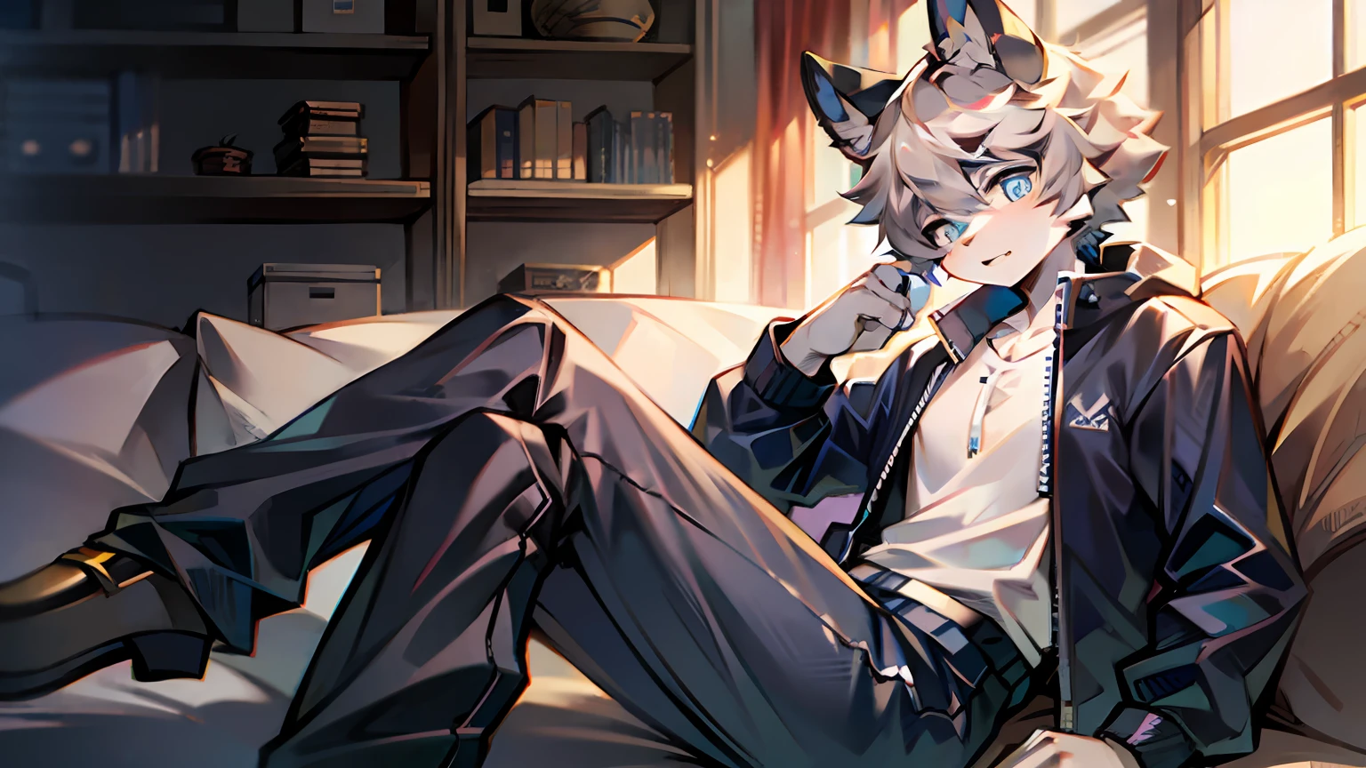 1boy,cat boy,(furry:1.5),light blue fur,blue eyes,blonde hair,body fur,literature,open cardigan,shorts,solo,flat chest,petite,short hair,delicate muscle line,(thick thighs:0.5),collar,sfw.
