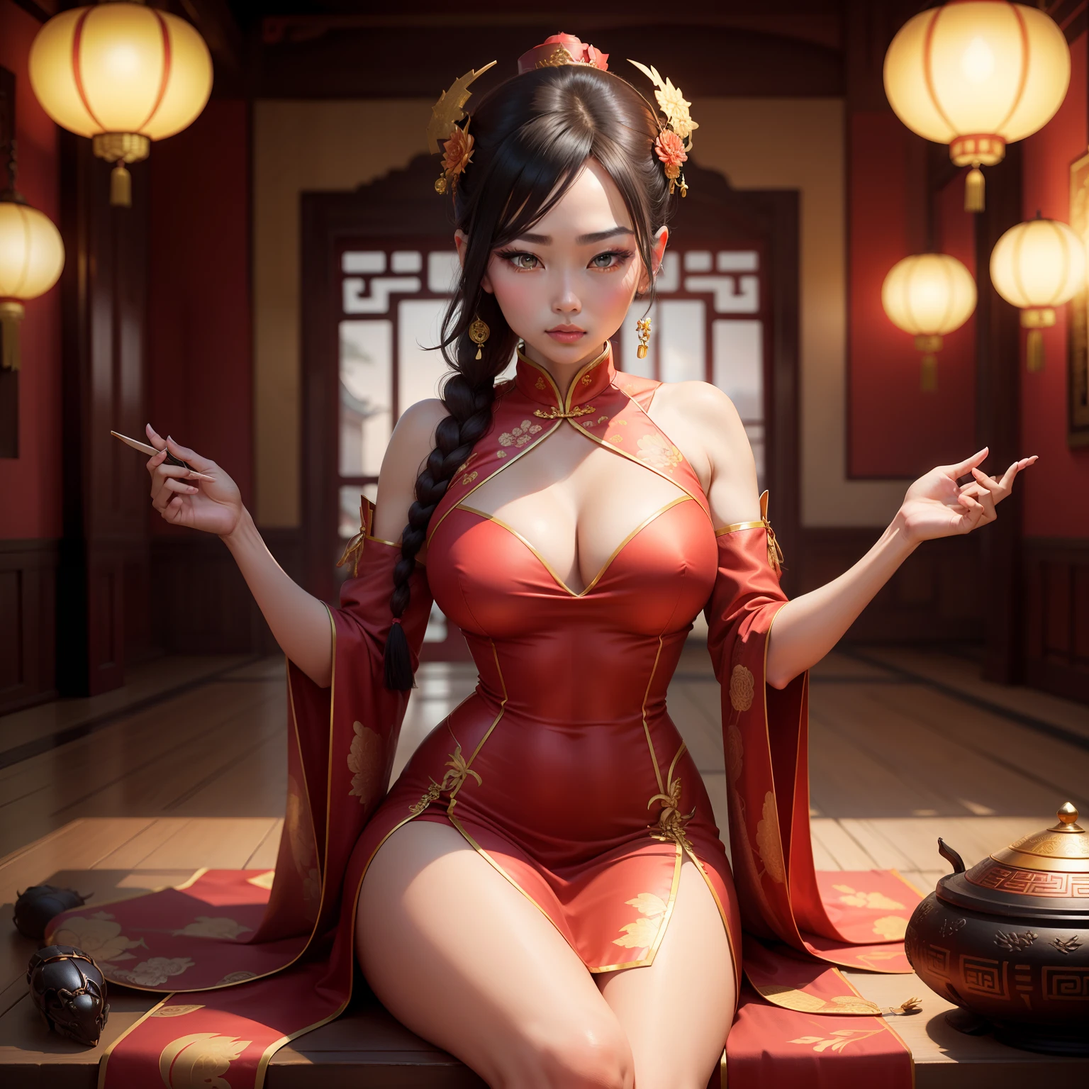Queen in the image of a scorpion、qipao dress(Scorpion pattern)、、Inside a Chinese castle、Braids、A tall、bulging chest、Beautiful legs、Proud look、