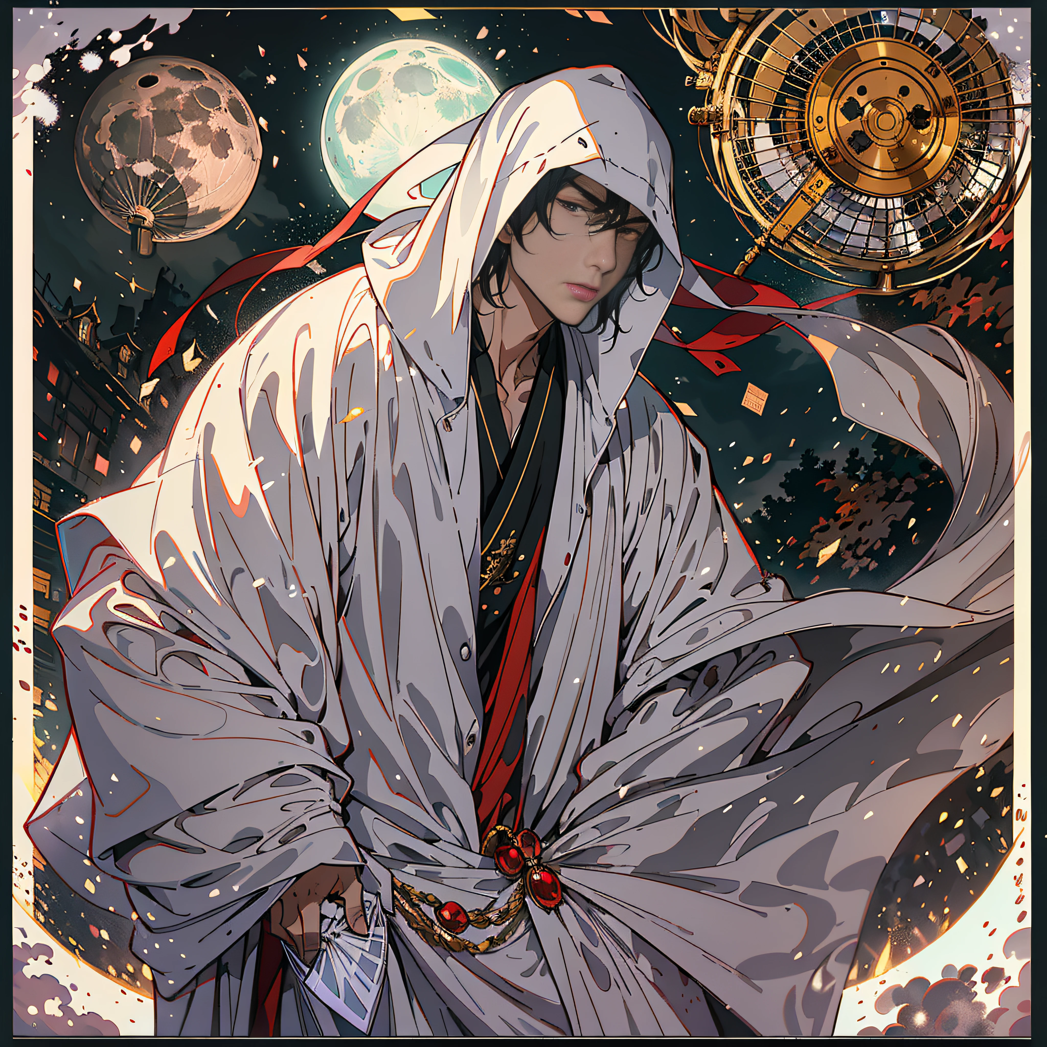 themoon, optic, fanciful,It was dark,storming,salama,The figure stands front-on,中景 the scene is,(A man in a white robe,Holding a fan in his hand:1.3),You can't see your face,Two red lights in his eyes,Magnificent,There is domineering between the eyebrows,Manhwa Style,