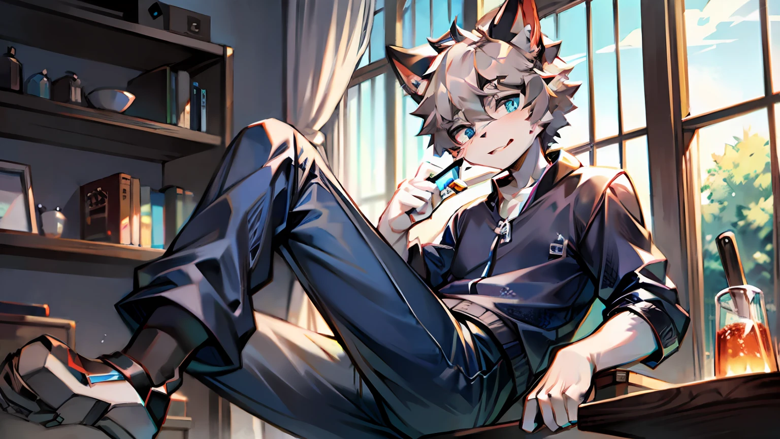 Cat ears,blue color eyes,Gray hair,Gray-white hairy long legs。Short-haired men,leisure wear,long trousers