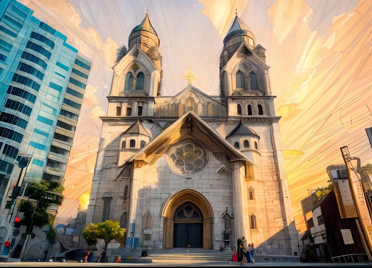 golden hour nirvana, de uma cidade, with a cathedral in the center and buildings on the sides,