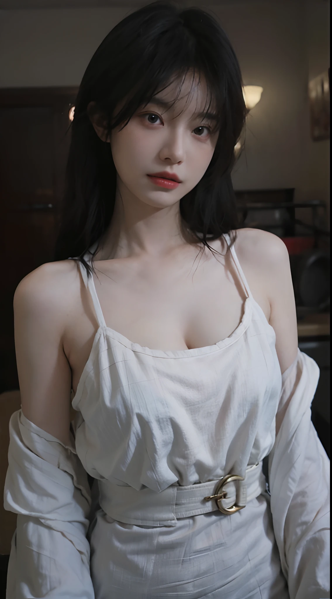 best qualtiy,tmasterpiece,超高分辨率,(realisticlying:1.4),1girll,A pair of bright eyes,Raised sexy,Full of atmosphere,Being in the room,Cleavage is seductive,,(brassier:1.6),(比基尼:1.4),(Bigchest:1.8),(The upper part of the body:1.4)